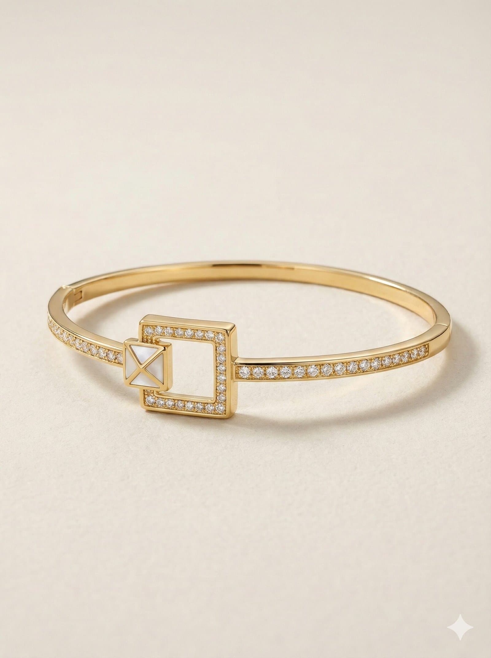Gold-Tone Geometric Square Bracelet and Adjustable Ring Set with Crystal Accents and White Inlay — image 4