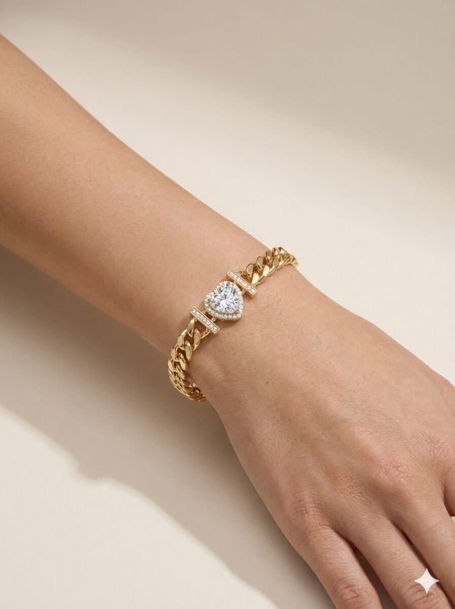 Gold-Tone Cuban Link Bracelet with Pave Crystal Heart Centerpiece — image 3