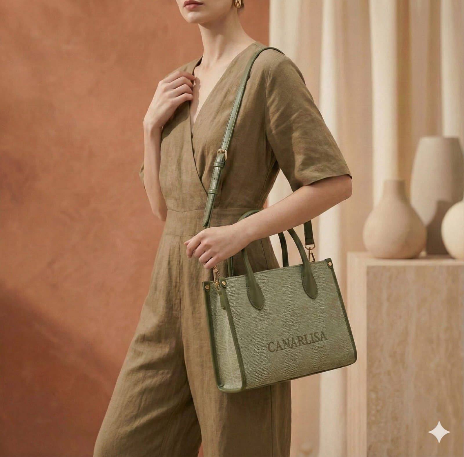 Canarlisa Structured Canvas Tote Bag – Olive Green — image 3