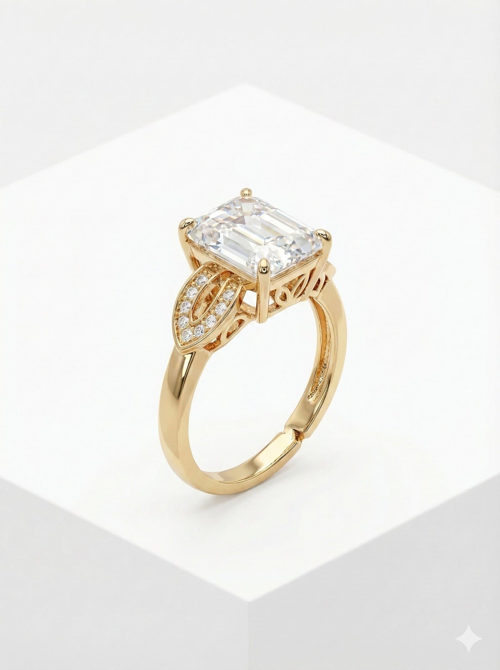 Gold-Tone Emerald Cut Solitaire Ring with Crystal Leaf Accents and Adjustable Band — image 1