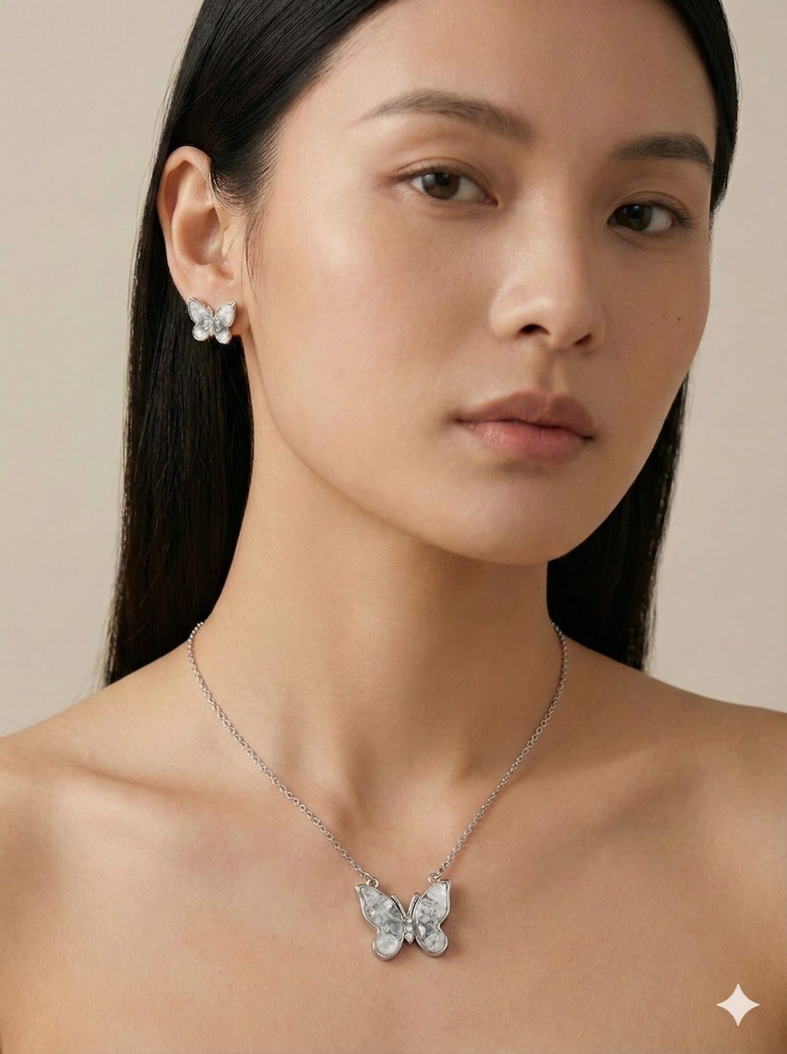 Silver-Tone Butterfly Jewelry Set with Crushed White Inlay and Crystal Accents – Necklace & Stud Earrings — image 4