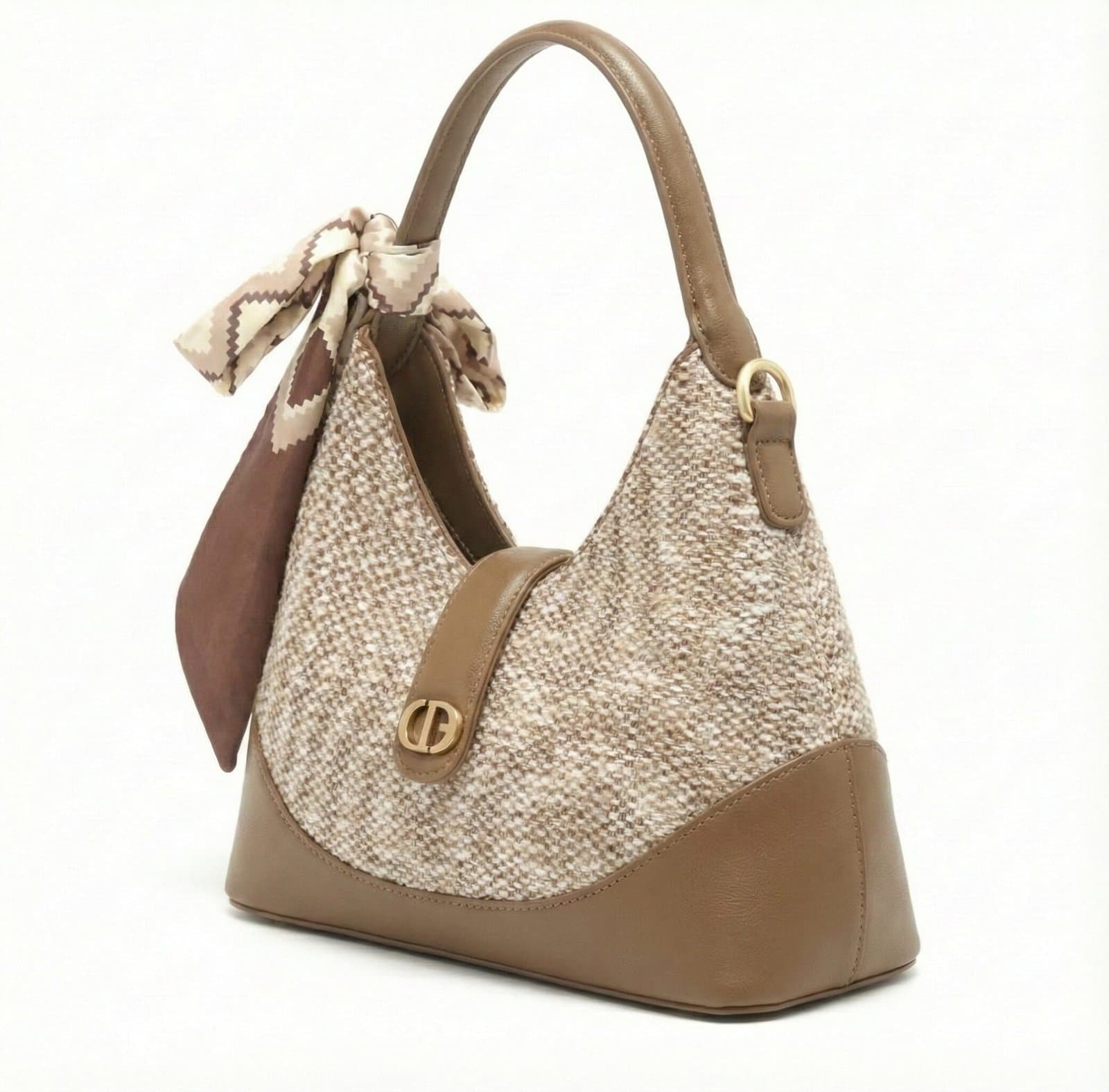 The Scarf-Accented Textured Hobo – Beige & Mocha — image 3