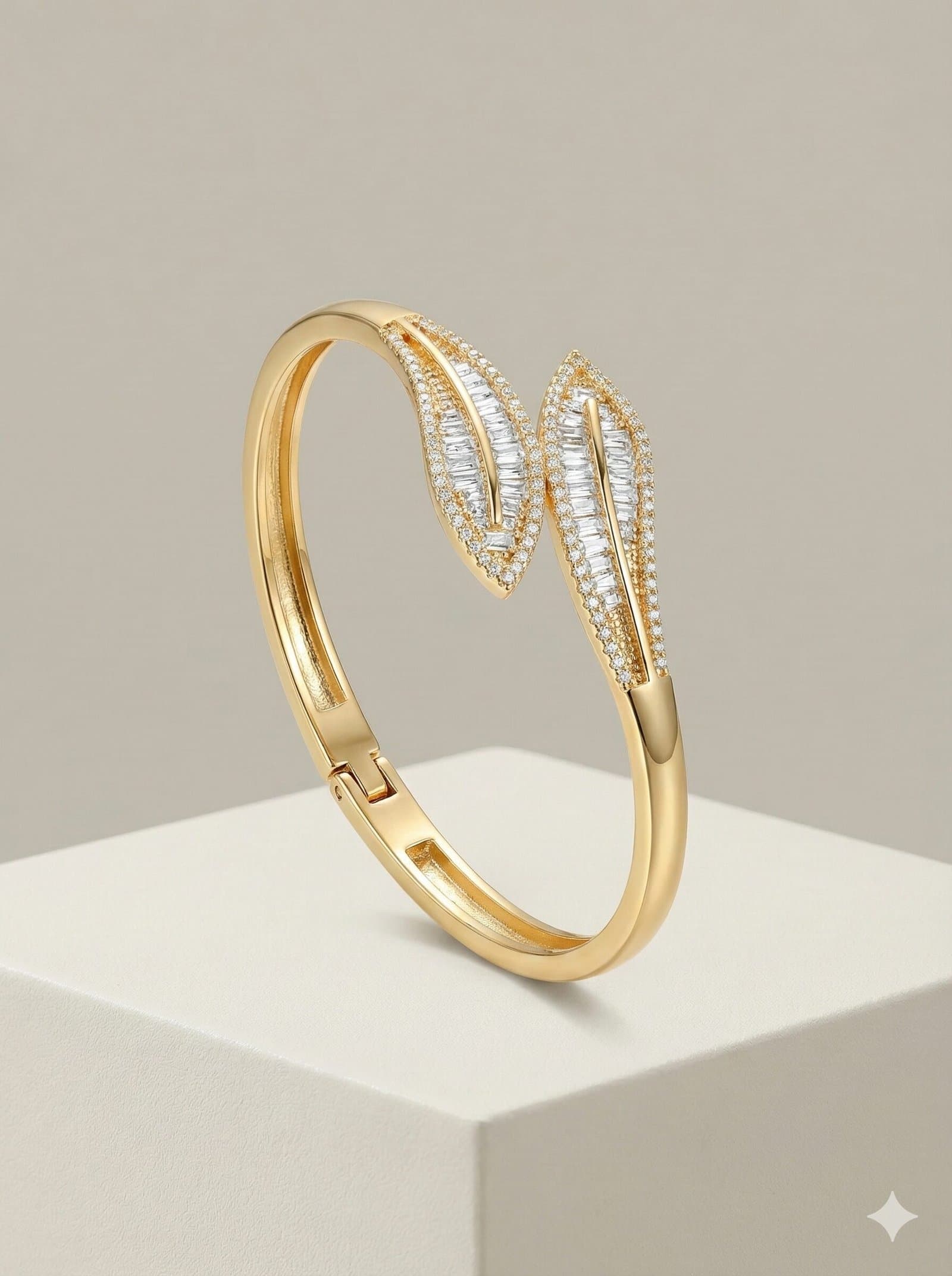 Gold-Tone Open Cuff Bangle and Matching Wrap Ring Set with Baguette Stone Leaf Motif — image 4