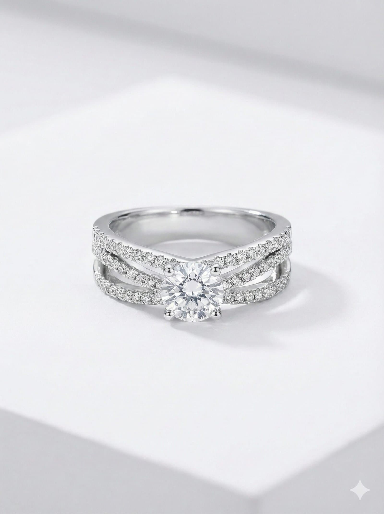 Round Cut Solitaire Ring with Pave Set Triple Crossover Split Shank Band in Silver Tone — image 1