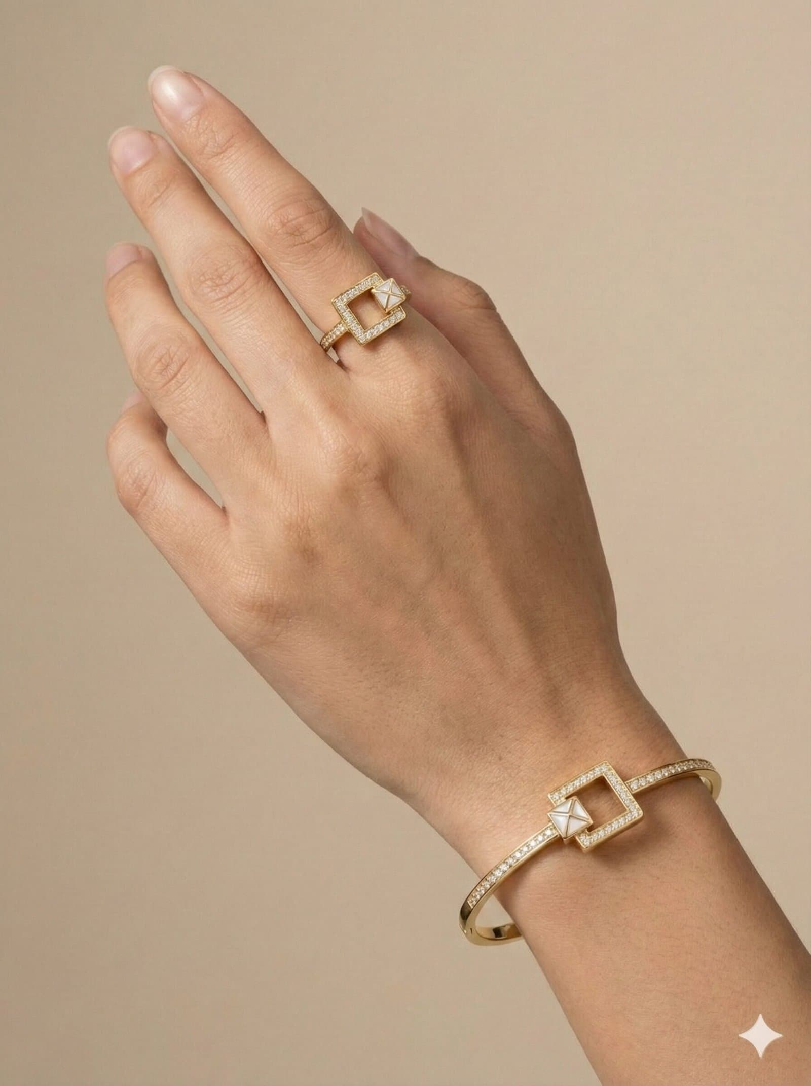 Gold-Tone Geometric Square Bracelet and Adjustable Ring Set with Crystal Accents and White Inlay — image 3