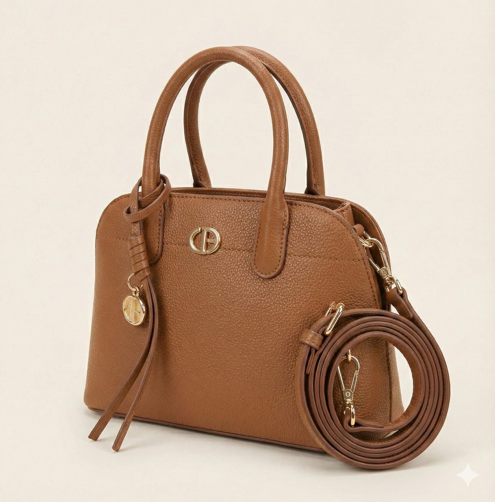 The Pebbled Dome Satchel with Charm – Cognac Tan — image 2