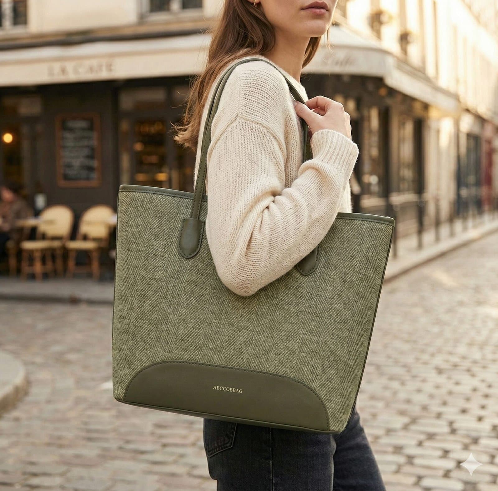 The Siena Herringbone Woven Tote Olive Green — image 2