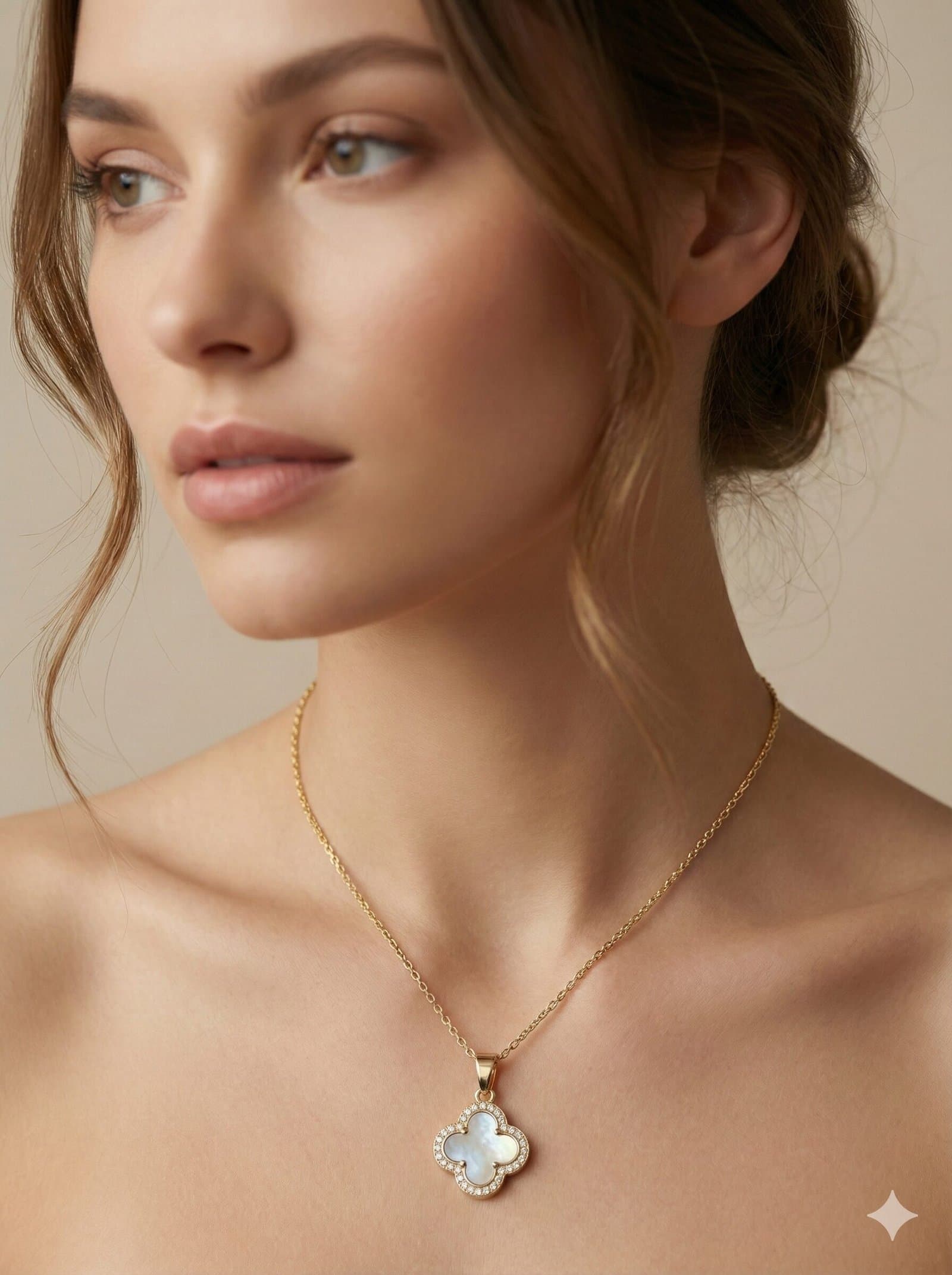 Gold-Tone Four-Leaf Clover Pendant Necklace with White Pearlescent Inlay and Crystal Halo Border — image 3