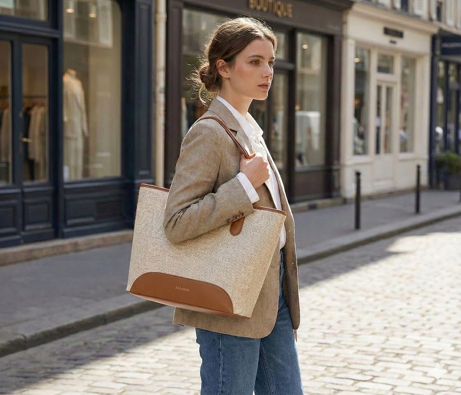 The Siena Herringbone Woven Tote Tan — image 2