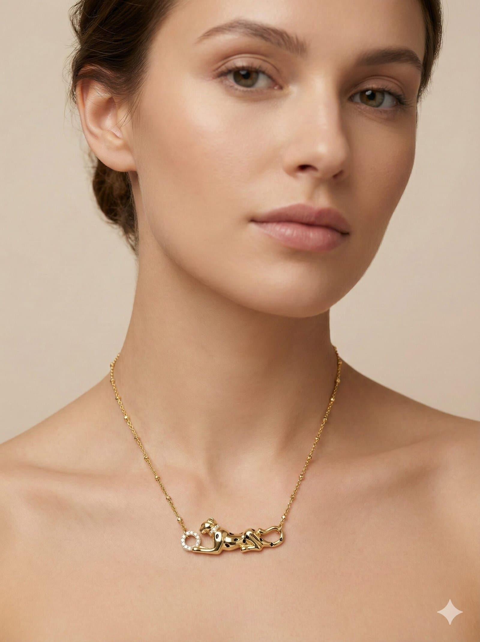 Gold-Tone Sculpted Panther Pendant Necklace with Crystal Accents and Beaded Chain — image 2