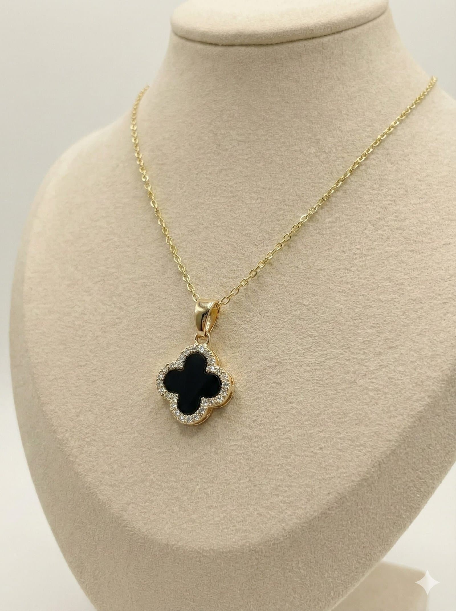 Gold-Tone Quatrefoil Pendant Necklace with Black Inlay and Crystal Halo — image 3