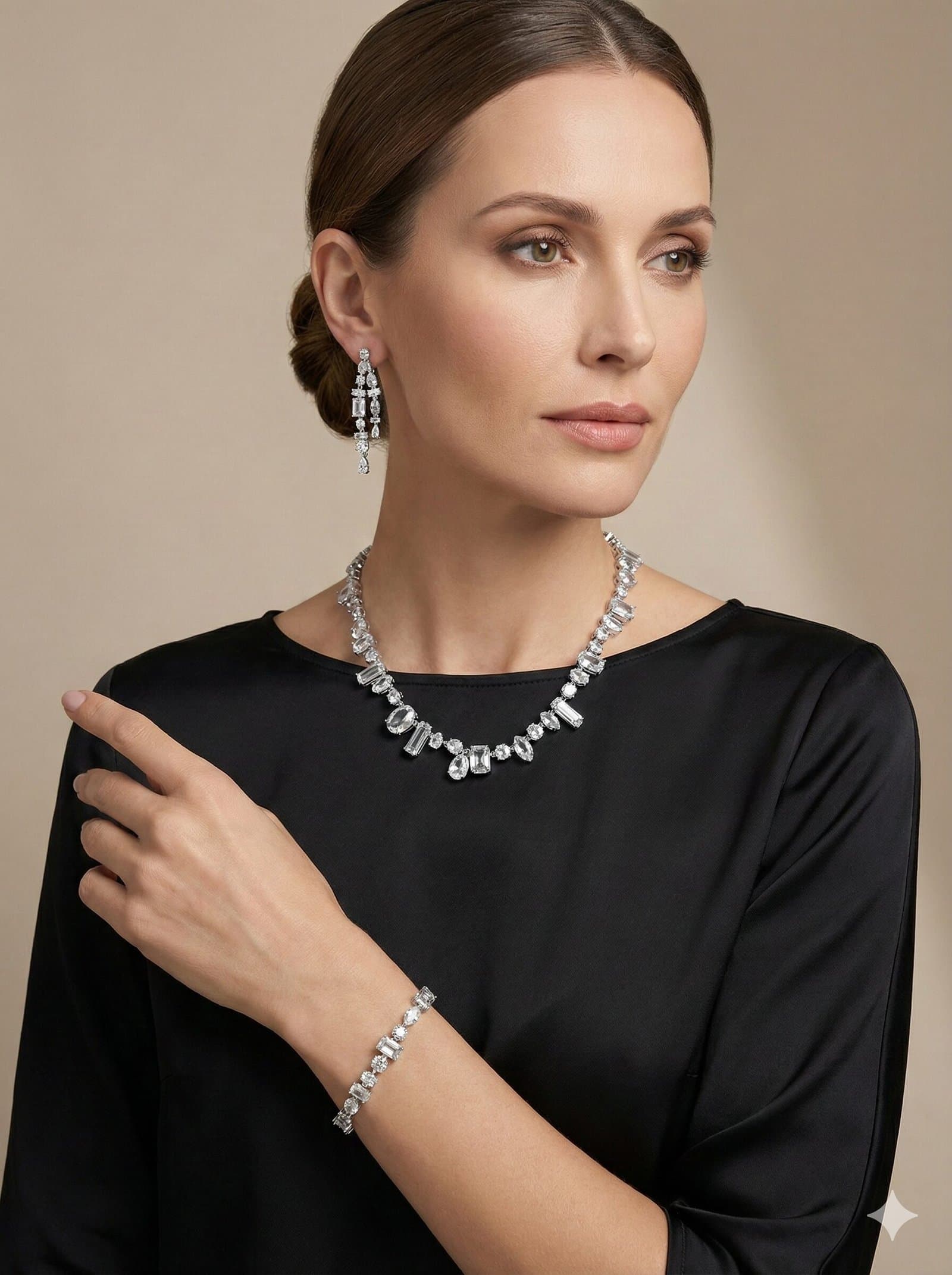 Silver-Tone Mixed-Cut Crystal Jewelry Set – Necklace, Bracelet & Double-Drop Earrings — image 8