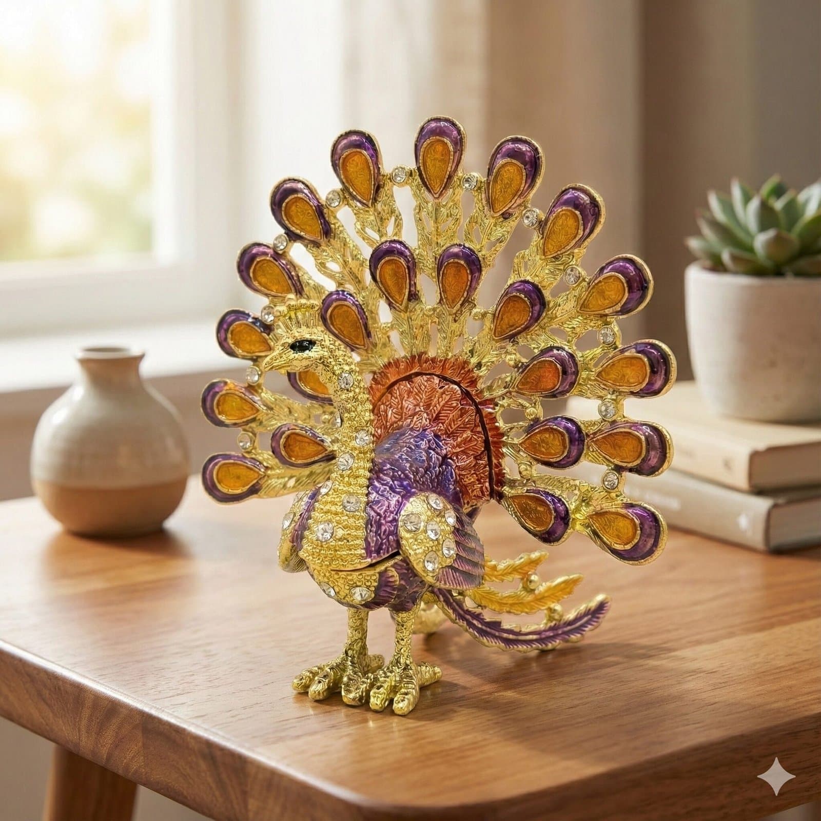 Hand-Painted Peacock Souvenir – Rhinestone Crystal Trinket Box Home Decor — image 1
