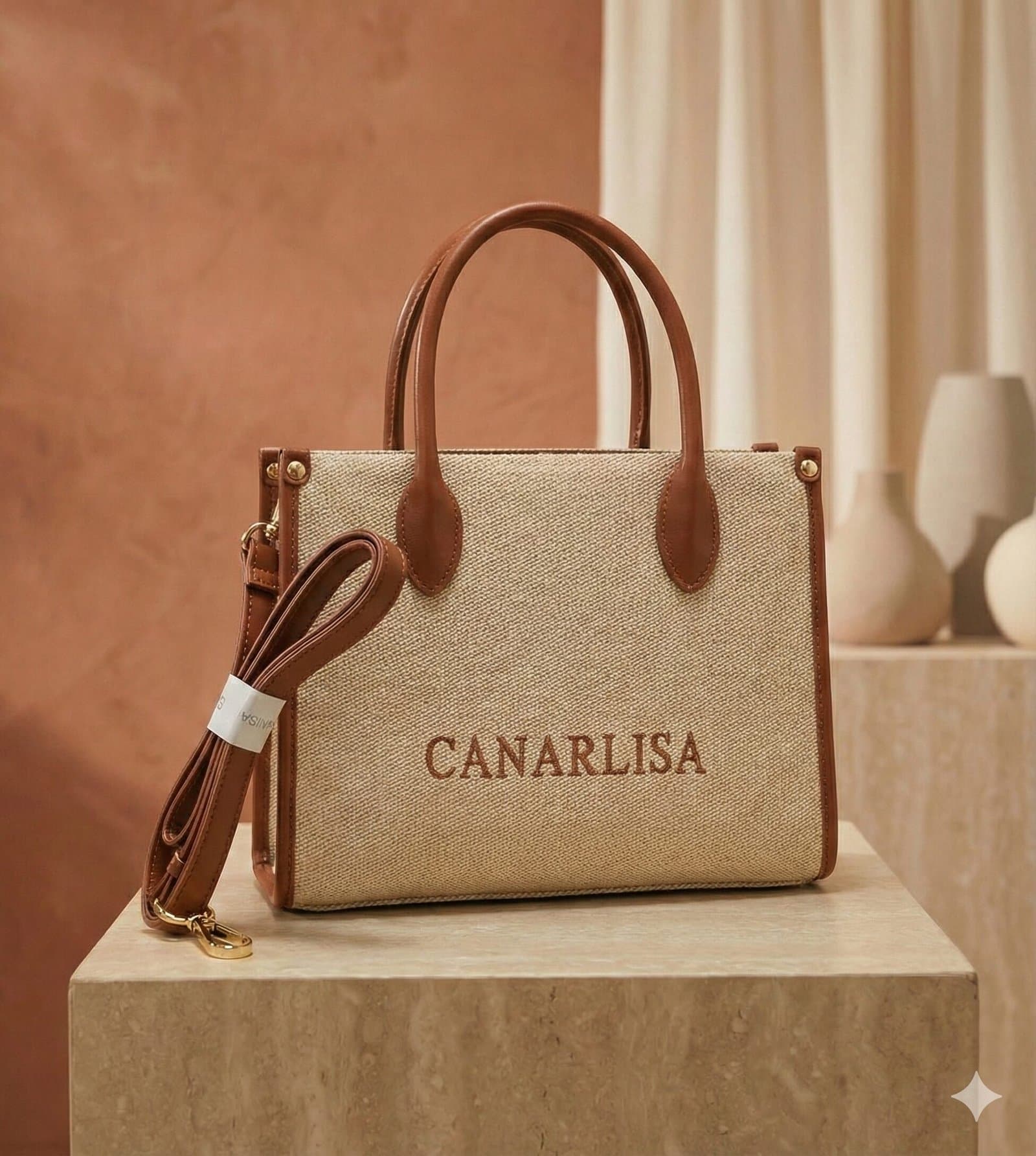 Canarlisa Signature Structured Canvas Tote Bag – Beige/Brown — image 4