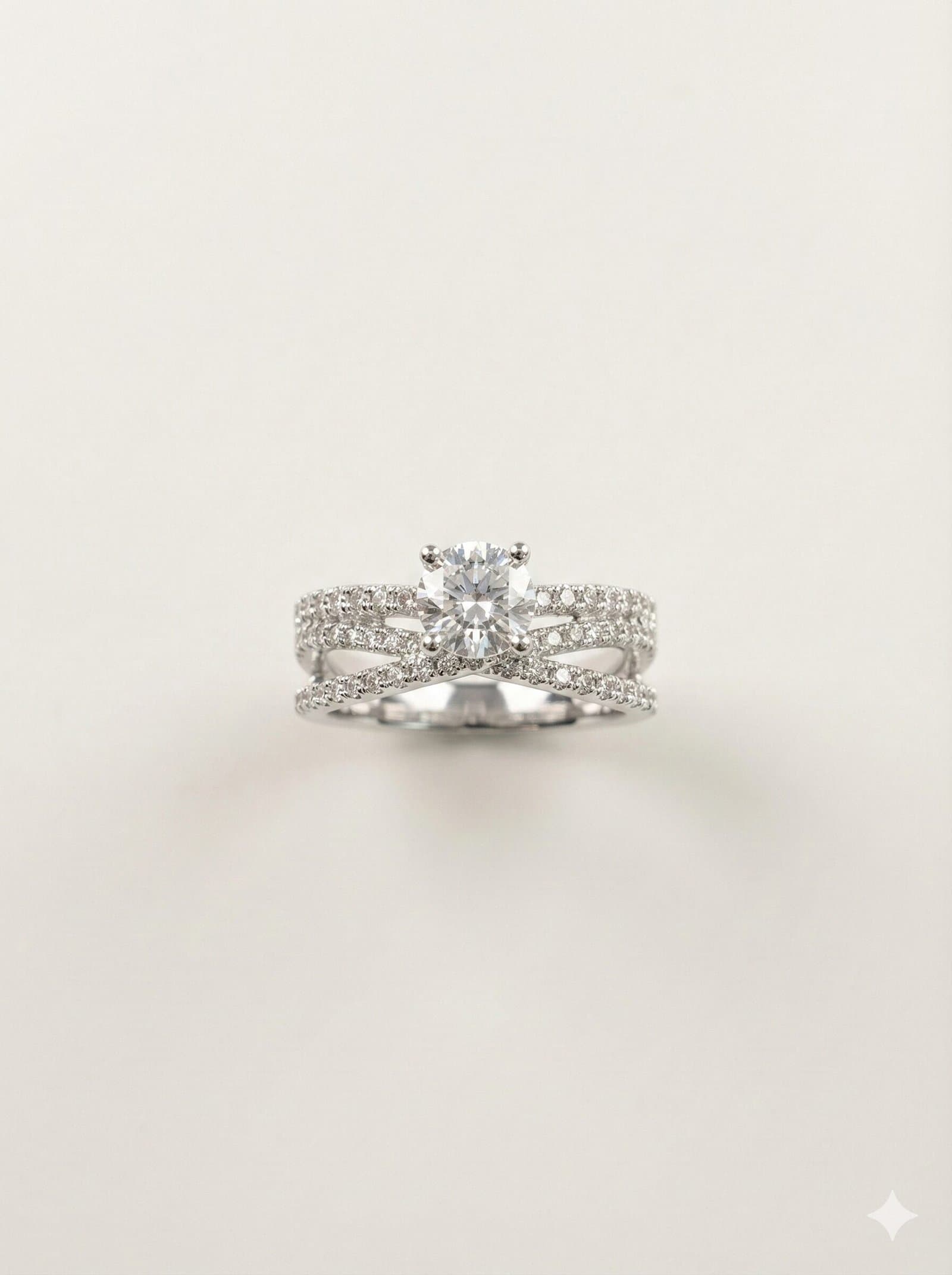 Round Cut Solitaire Ring with Pave Set Triple Crossover Split Shank Band in Silver Tone — image 2