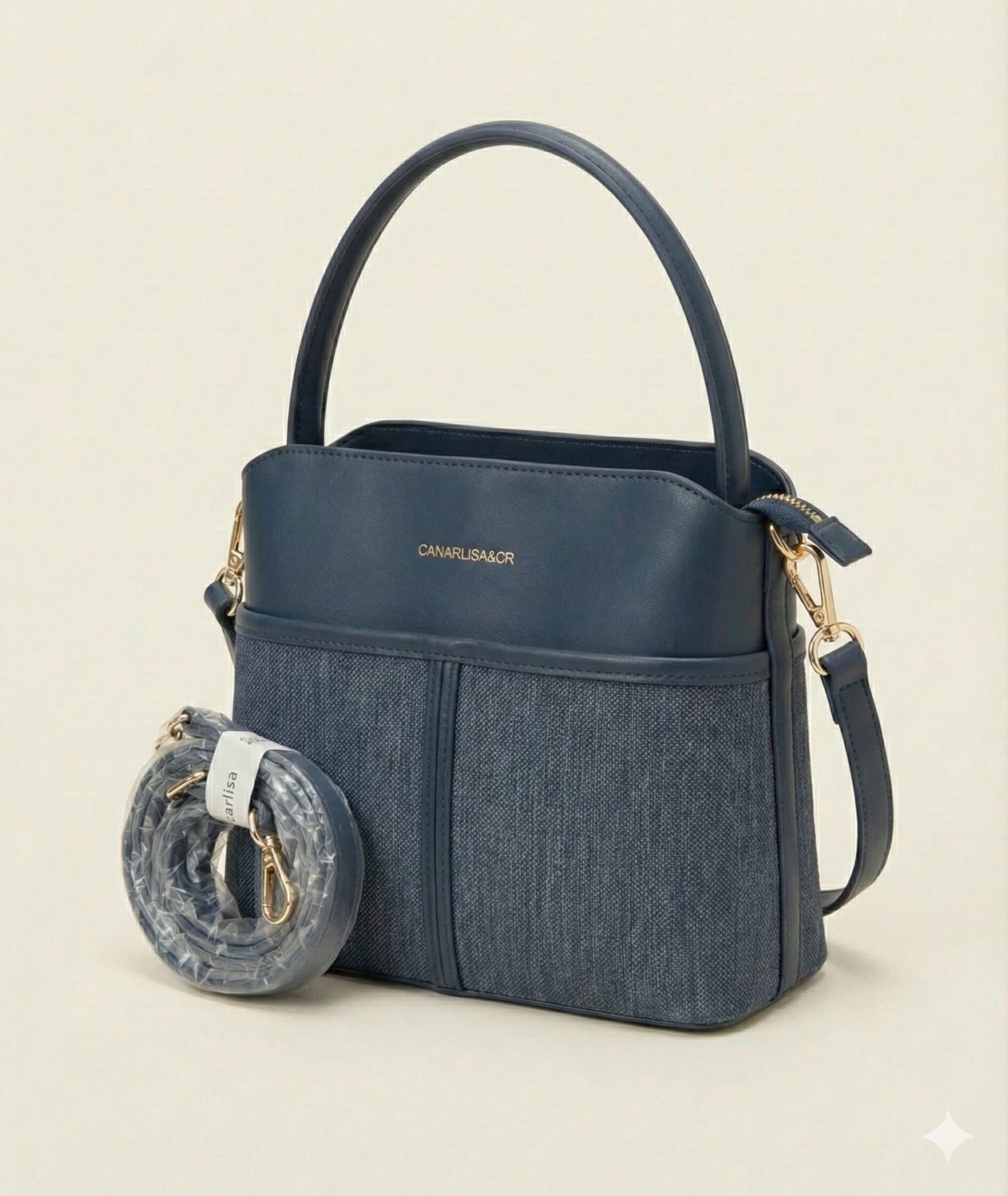 The Two-Tone Textured Satchel – Navy Blue — image 2
