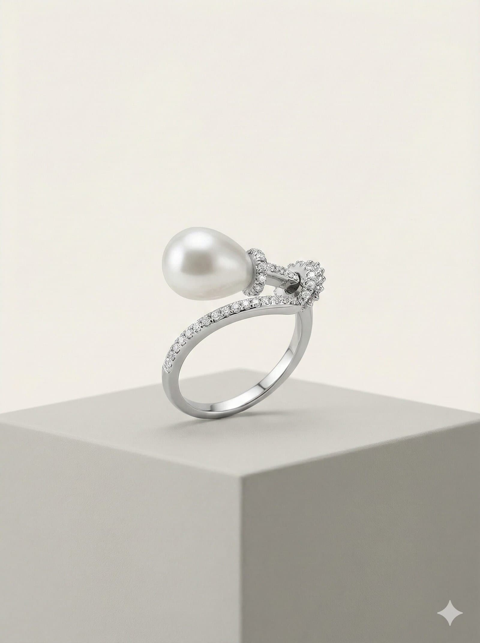 Pear-Shaped Pearl and Pavé Stone Bypass Ring in Silver-Tone Finish — image 1