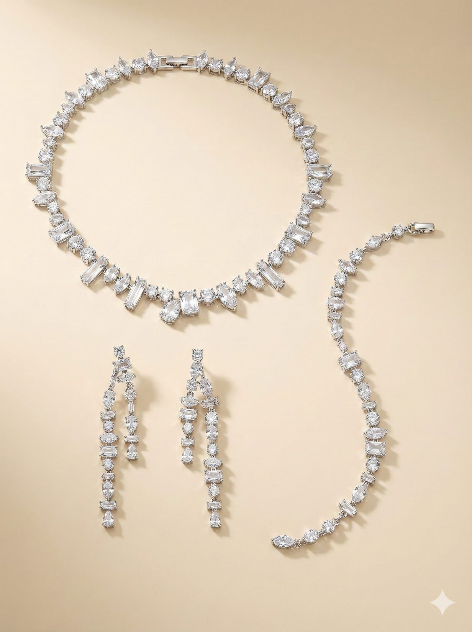 Silver-Tone Mixed-Cut Crystal Jewelry Set – Necklace, Bracelet & Double-Drop Earrings — image 1