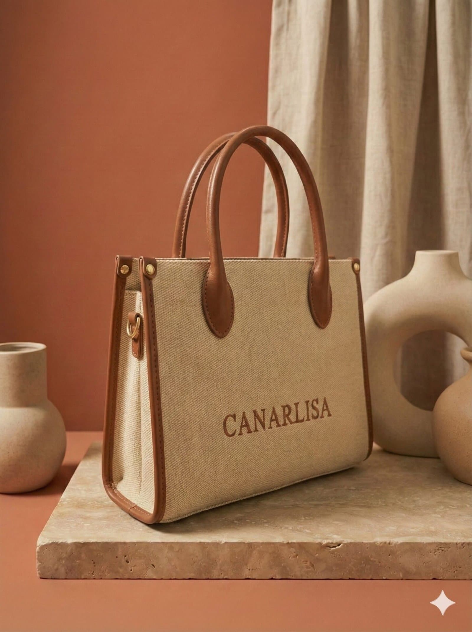 Canarlisa Signature Structured Canvas Tote Bag – Beige/Brown — image 5