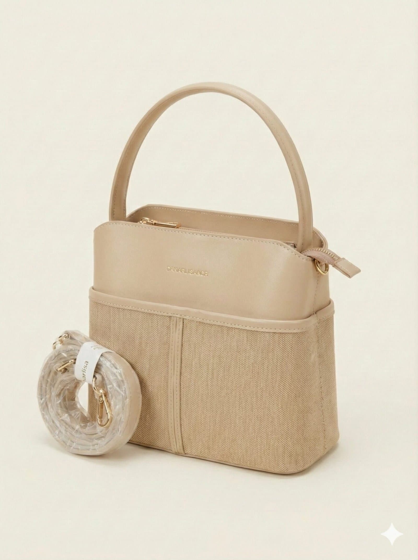 The Two-Tone Canvas & Leatherette Satchel – Sand Beige — image 2