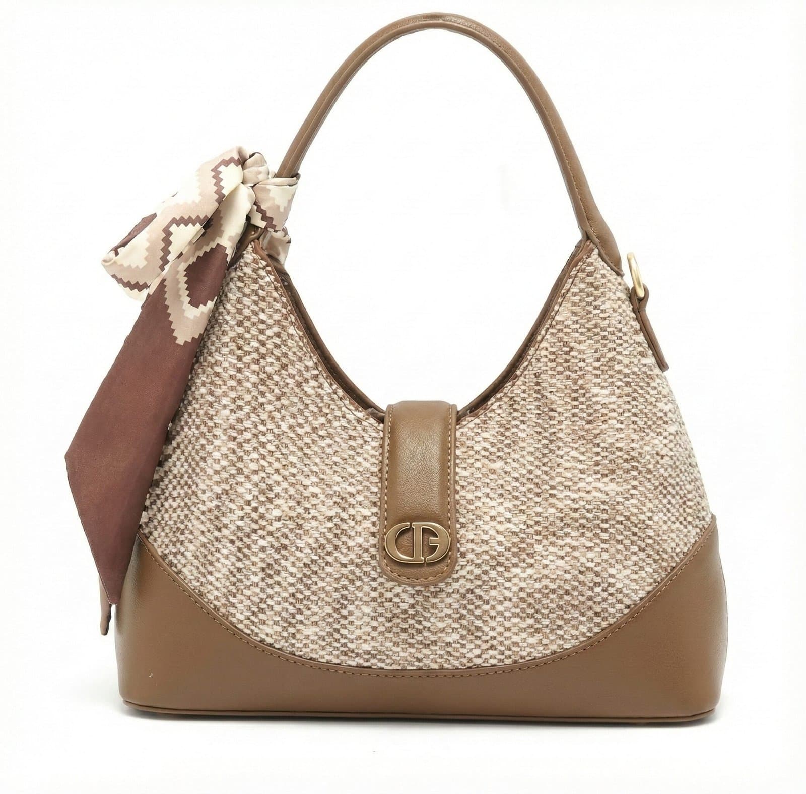 The Scarf-Accented Textured Hobo – Beige & Mocha — image 1