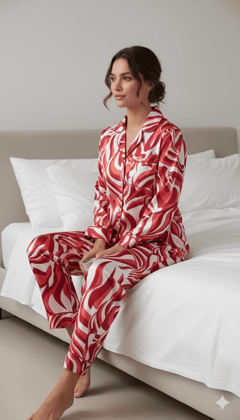 Crimson Ripple Satin Long Pajama Set — image 5