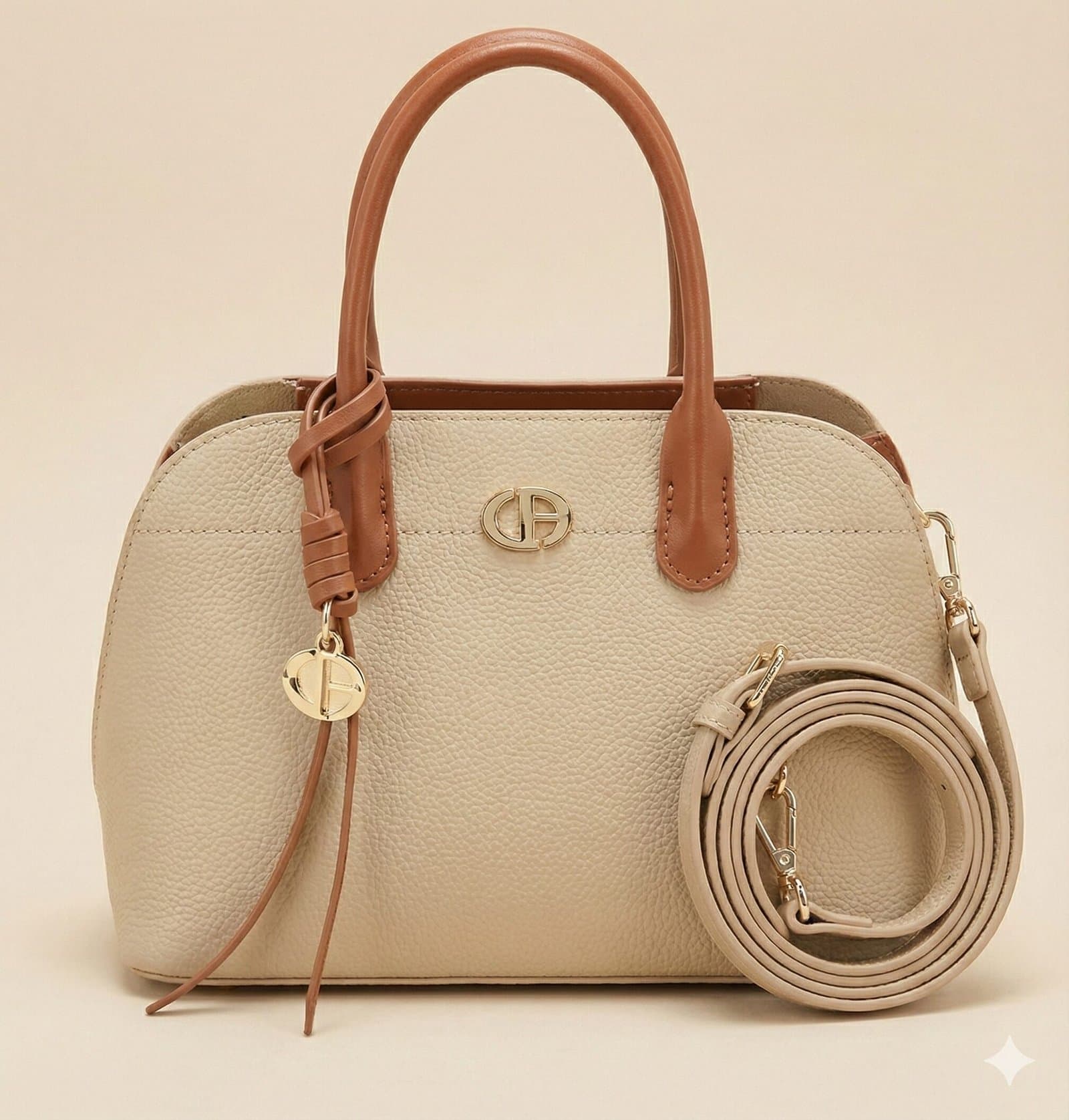 The Two-Tone Pebbled Dome Satchel – Cream & Tan — image 1