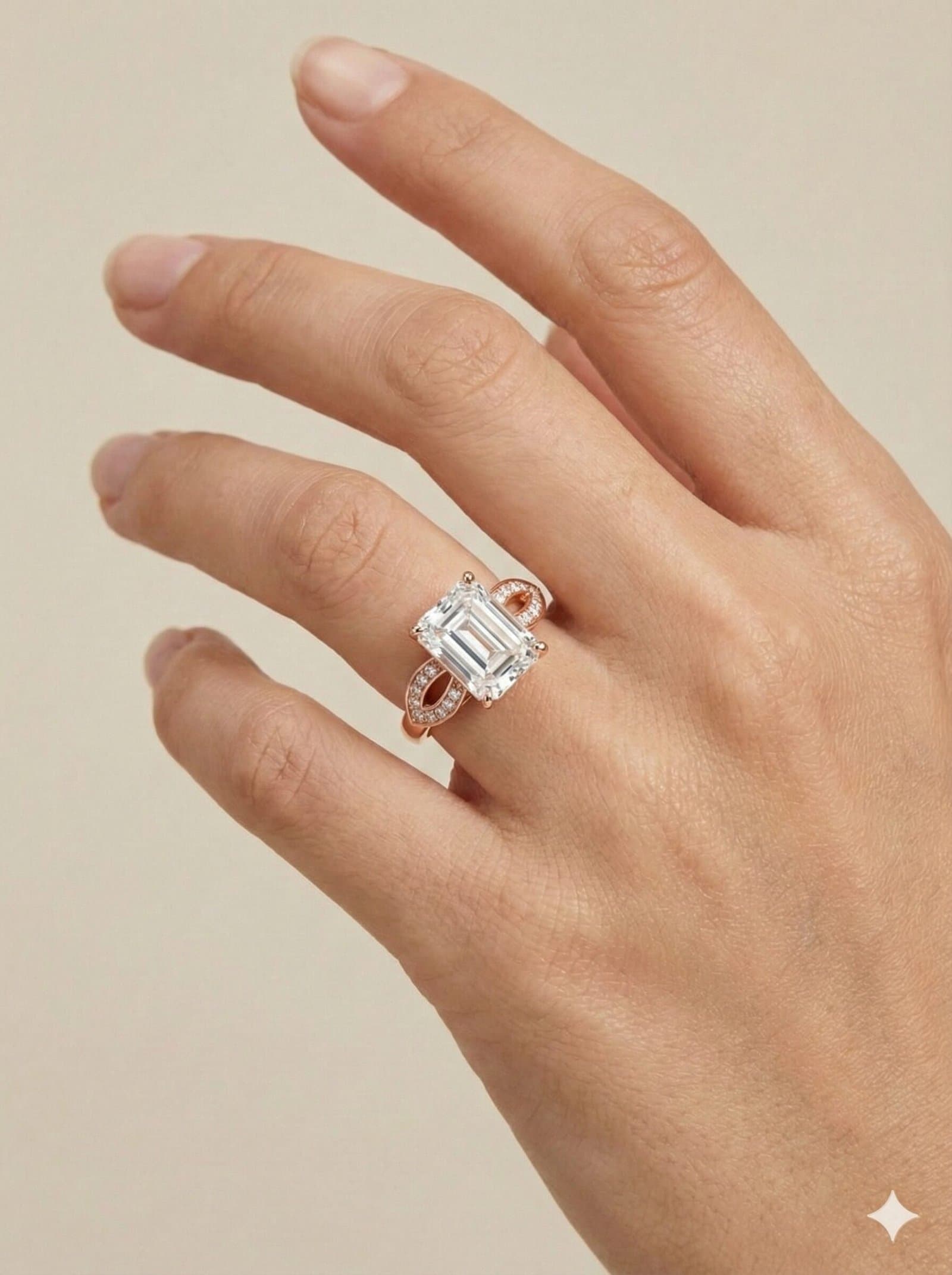 Gold-Tone Emerald Cut Solitaire Ring with Crystal Leaf Accents and Adjustable Band — image 2