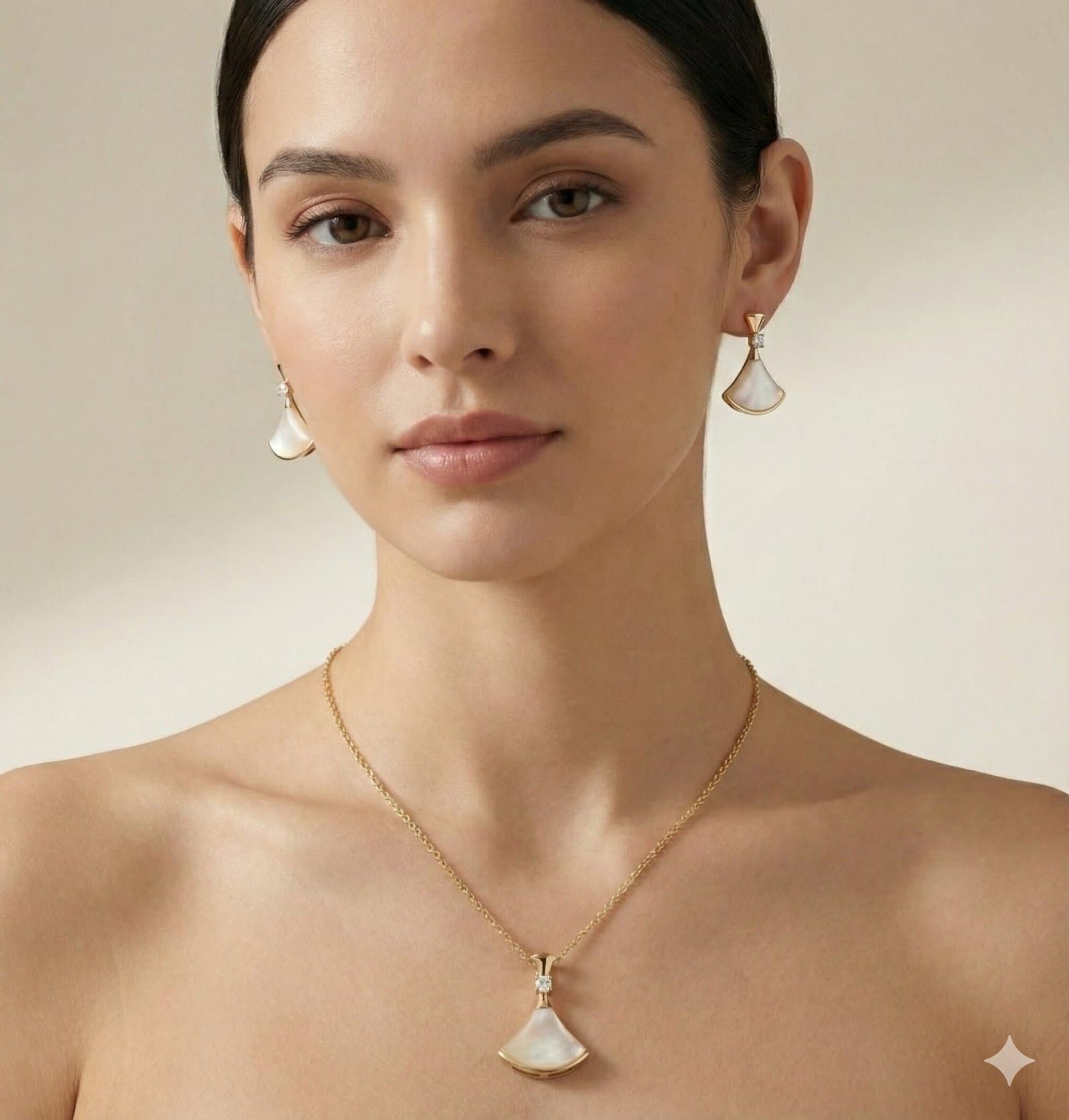 Gold-Tone Fan Motif Necklace and Earring Set with Pearlescent Inlay and Clear Stone Accents — image 4