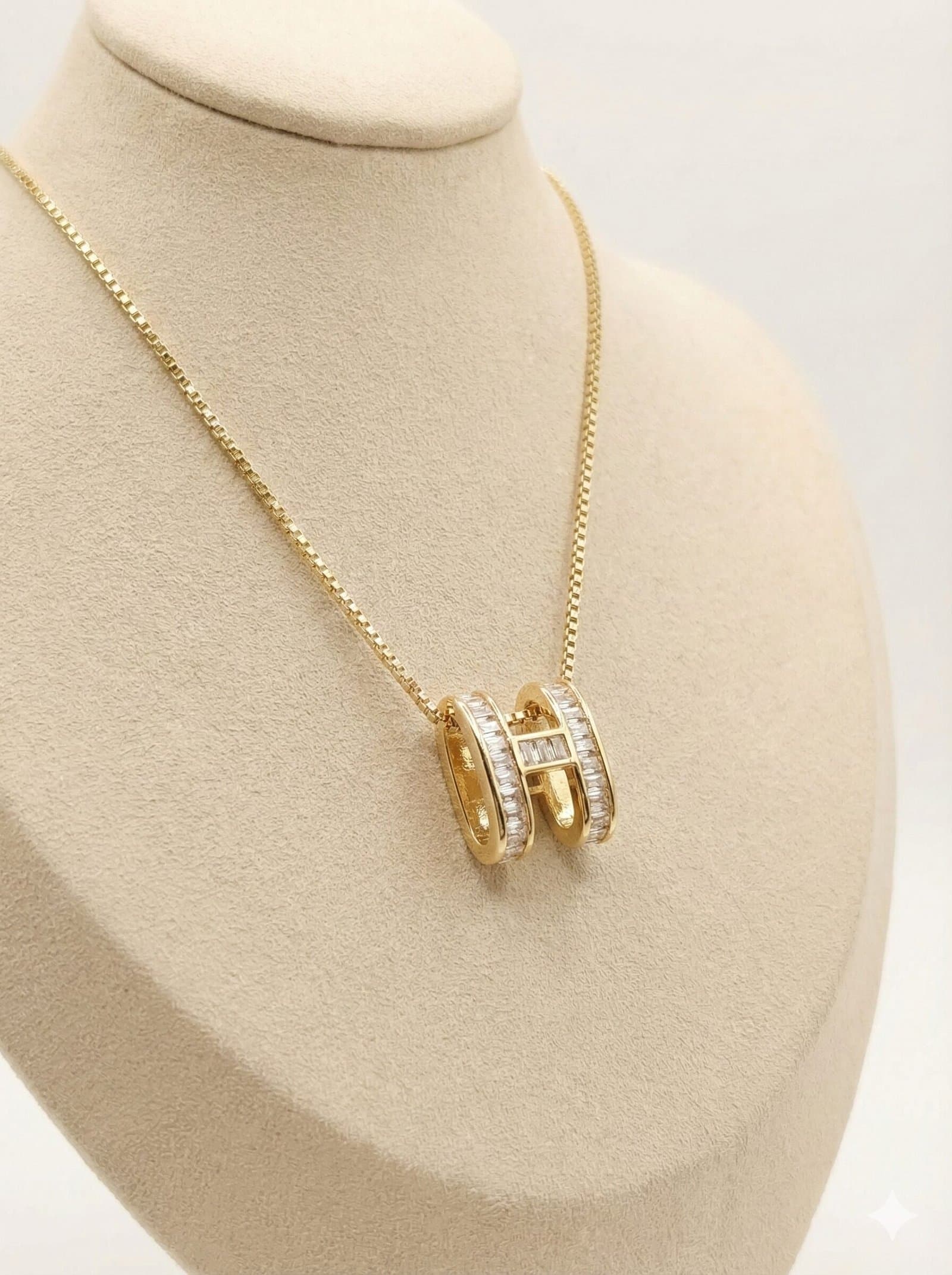 Gold-Tone Geometric H-Pendant Necklace with Baguette-Cut Clear Stones on Box Chain — image 3