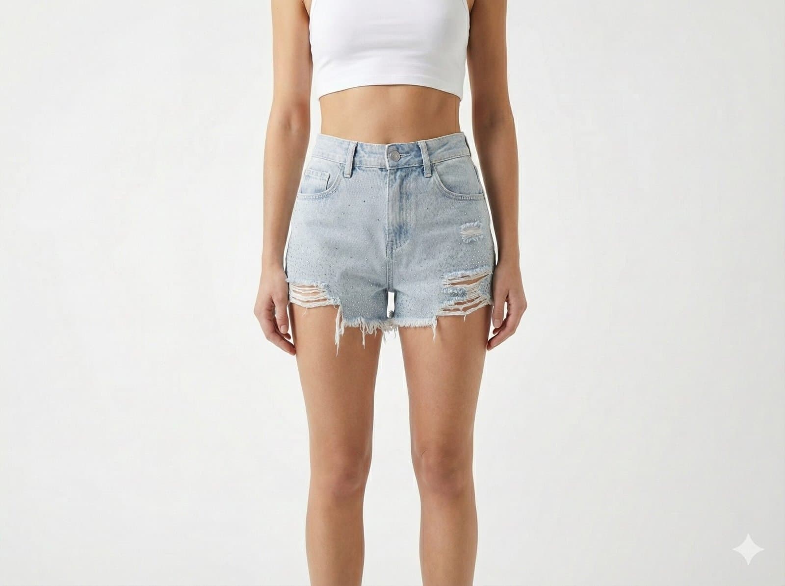 High-Rise Rhinestone Distressed Denim Sky Blue Shorts — image 1