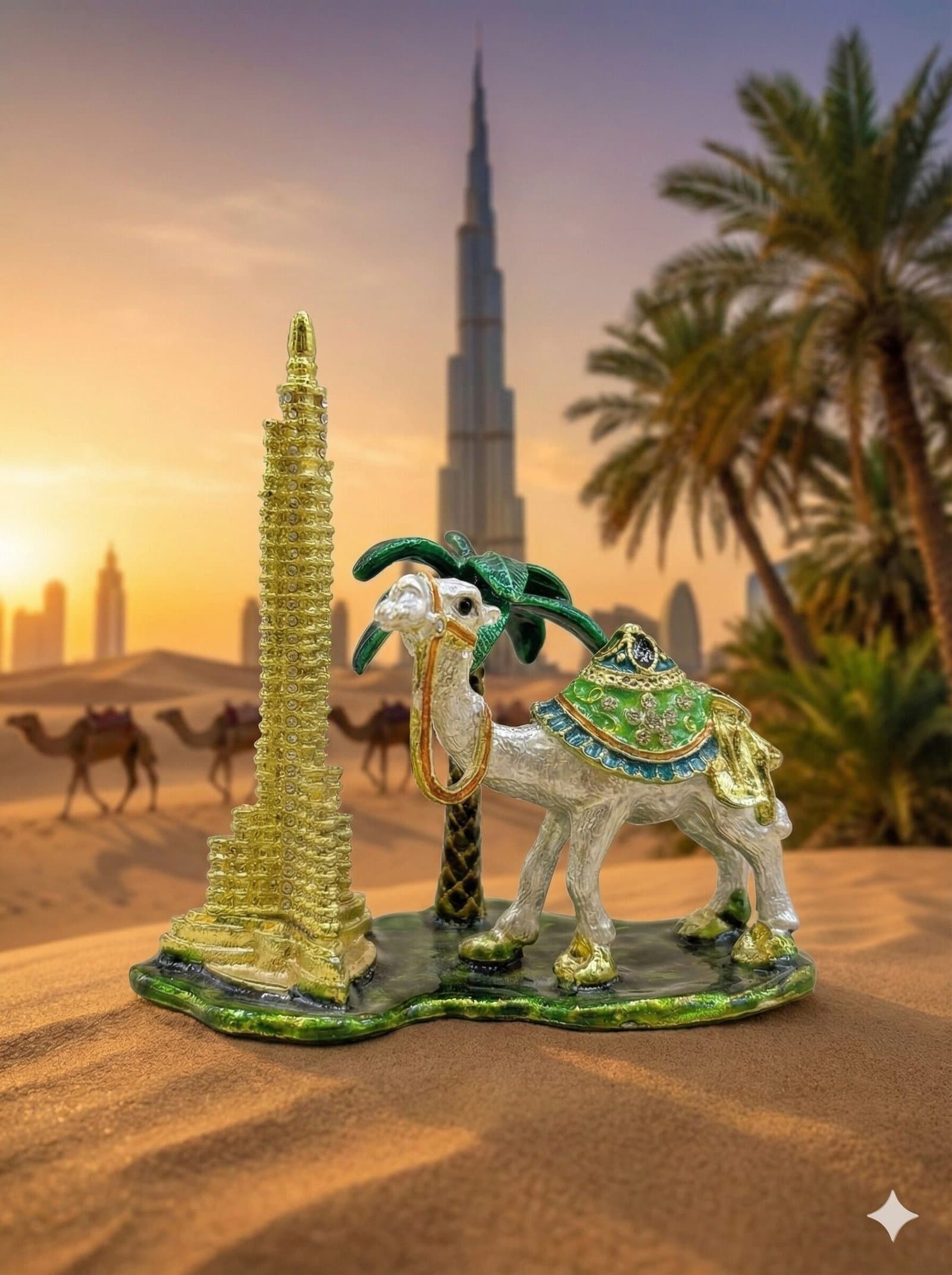 Dubai Heritage Edition: Gold-Tone Burj Khalifa & Jeweled Camel Souvenir Figurine with Crystal Accents — image 1