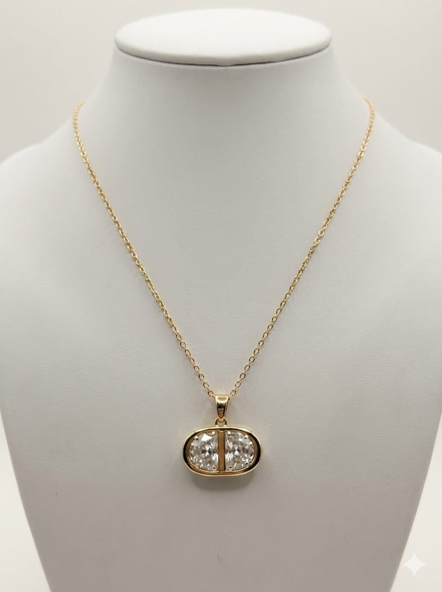 Gold-Tone Oval Pendant Necklace with Dual Faceted Clear Crystals — image 1