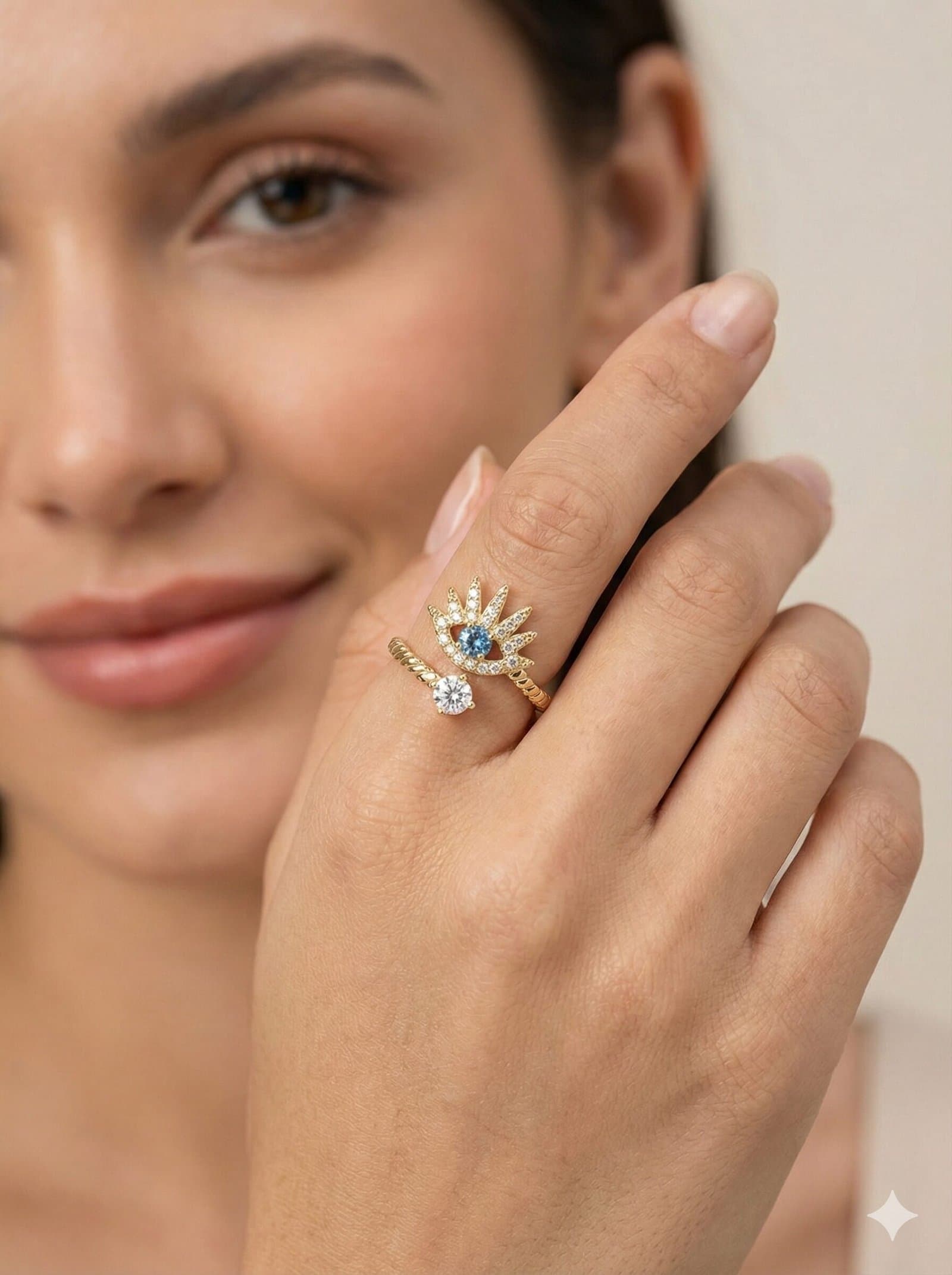 Gold-Toned Evil Eye Open Ring with Solitaire Accent and Twisted Rope Band — image 3