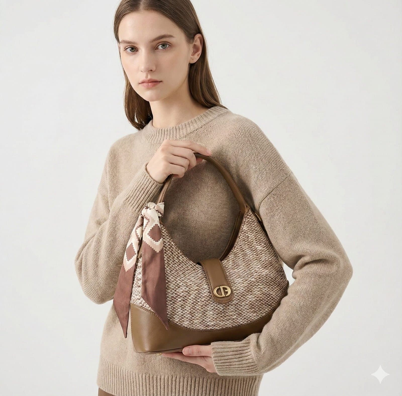 The Scarf-Accented Textured Hobo – Beige & Mocha — image 4