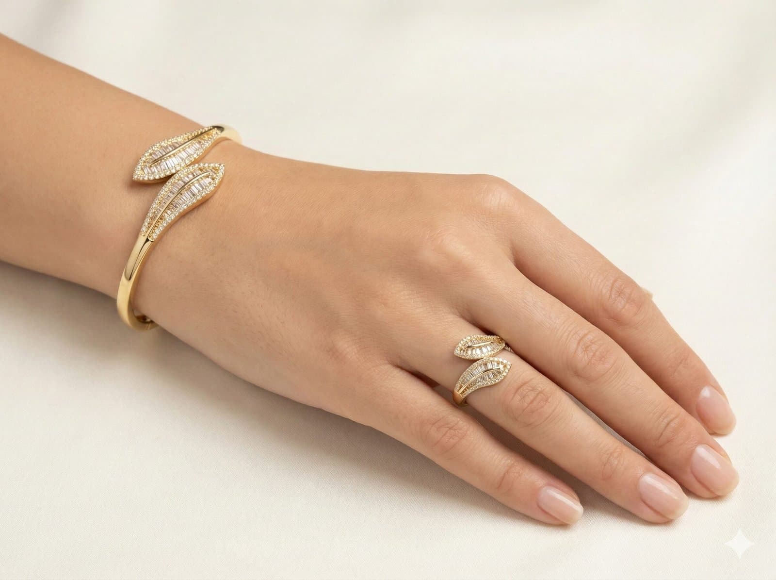 Gold-Tone Open Cuff Bangle and Matching Wrap Ring Set with Baguette Stone Leaf Motif — image 3