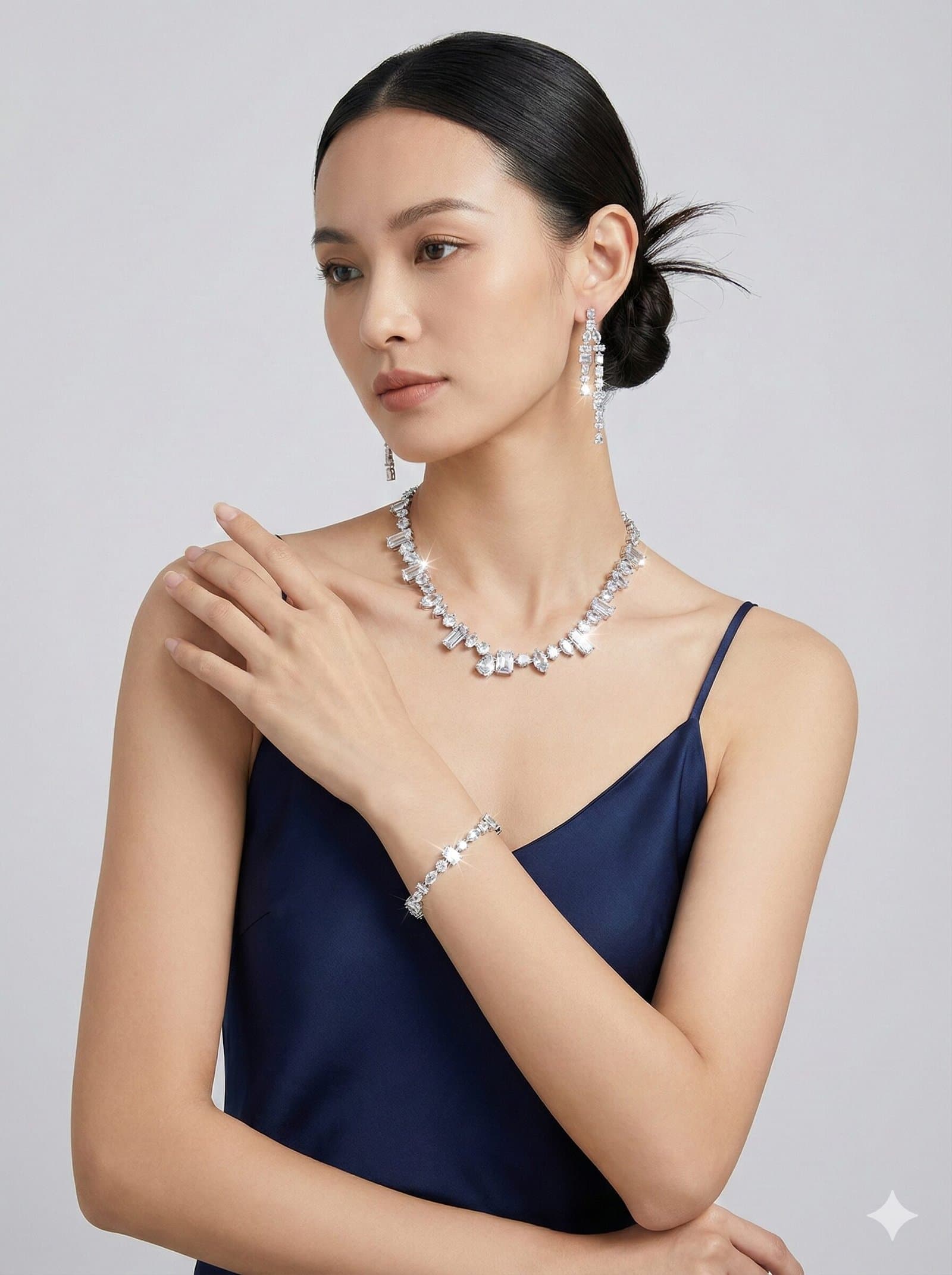 Silver-Tone Mixed-Cut Crystal Jewelry Set – Necklace, Bracelet & Double-Drop Earrings — image 4
