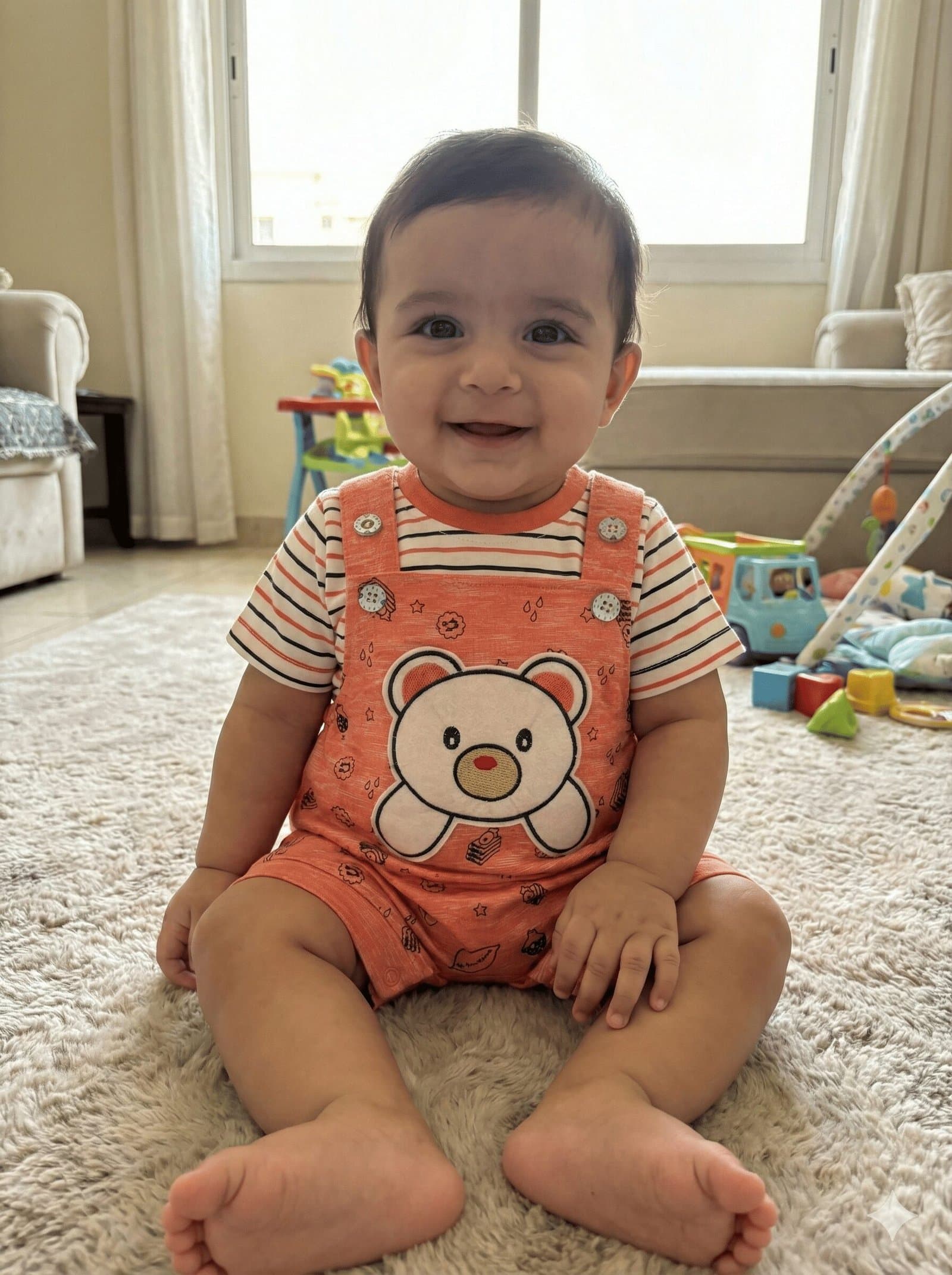 SPICE KIDS BABY Peach Doodle Bear Shortalls & Striped Set — image 1