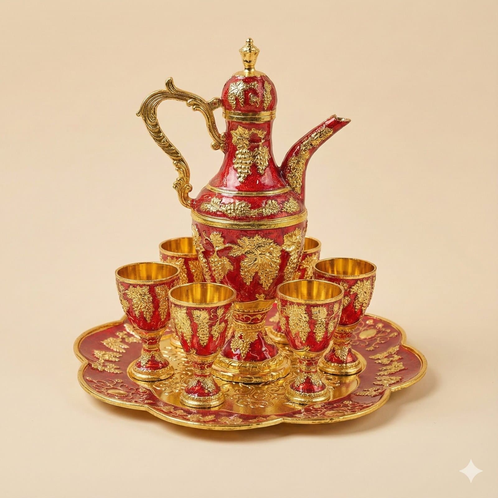 Imperial Red & Grapevine Enameled Decanter Set 8 Piece — image 6