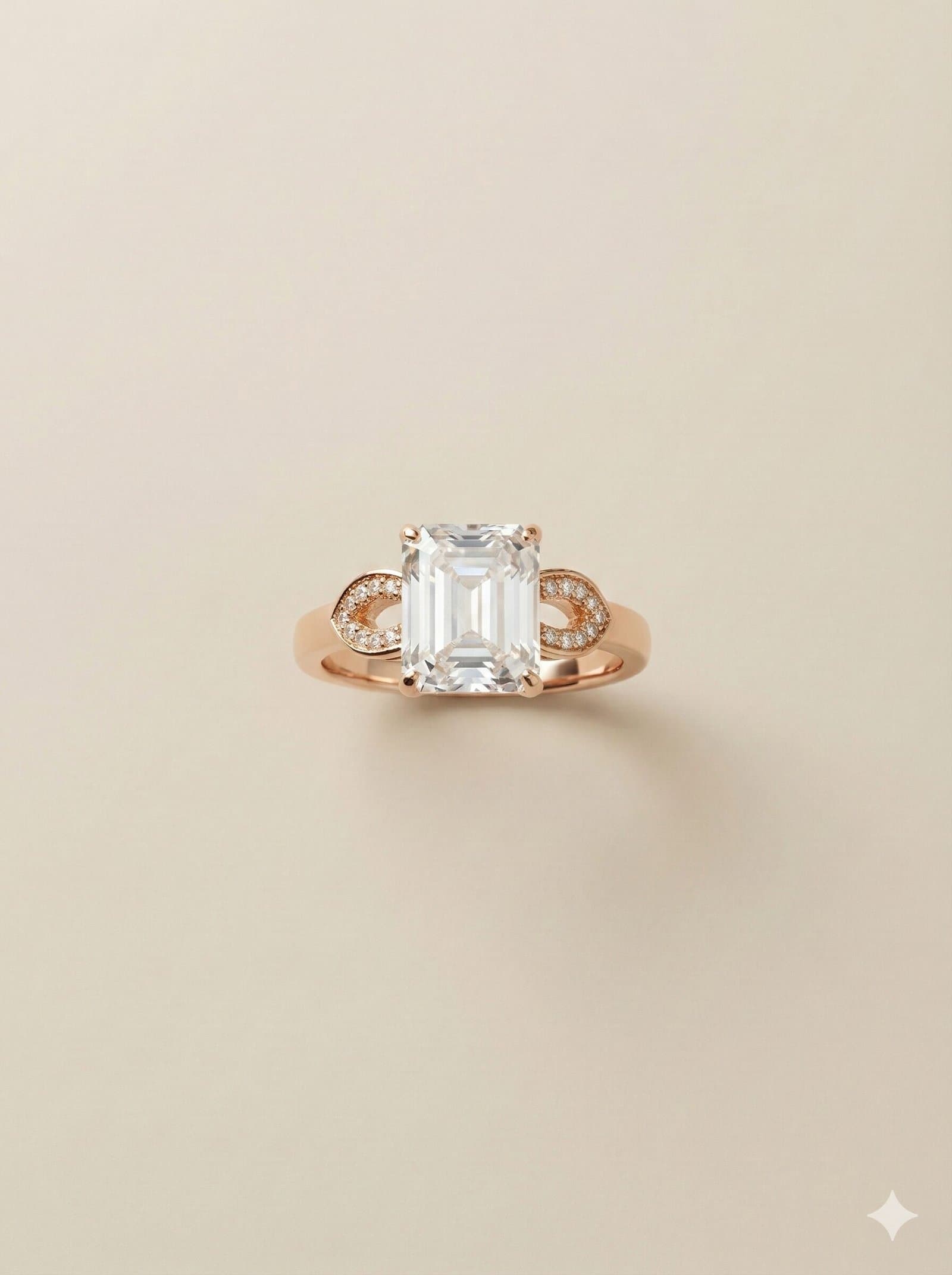 Gold-Tone Emerald Cut Solitaire Ring with Crystal Leaf Accents and Adjustable Band — image 4