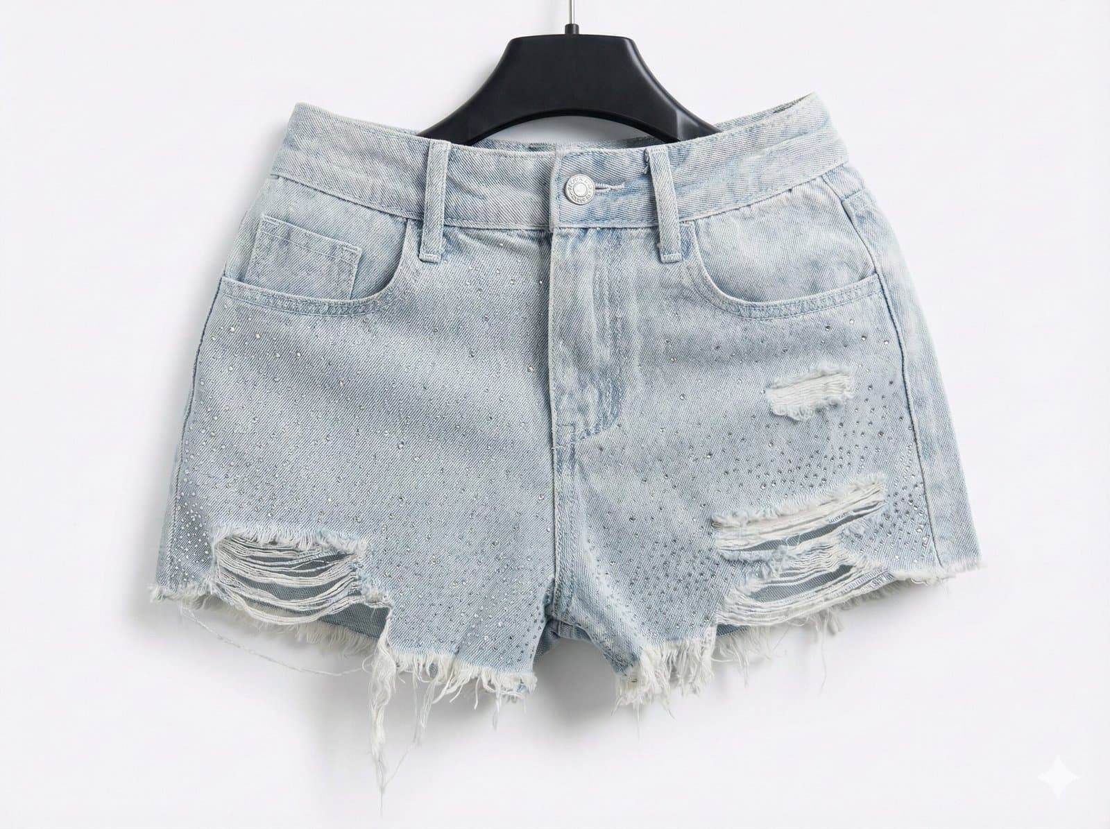 High-Rise Rhinestone Distressed Denim Sky Blue Shorts — image 4