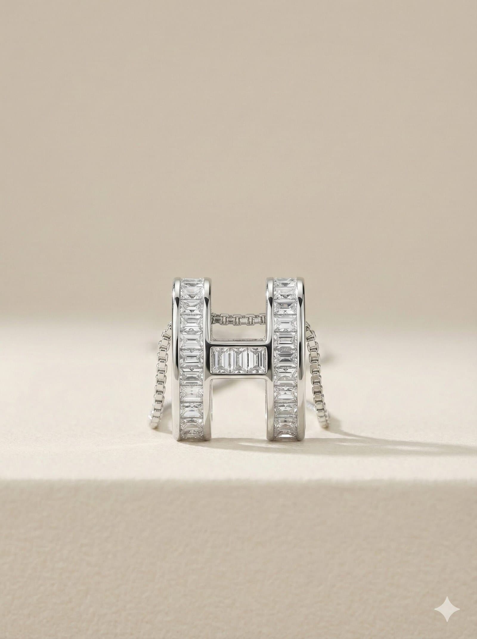 Silver-Tone Geometric H Pendant Necklace with Baguette-Cut Clear Stones — image 2