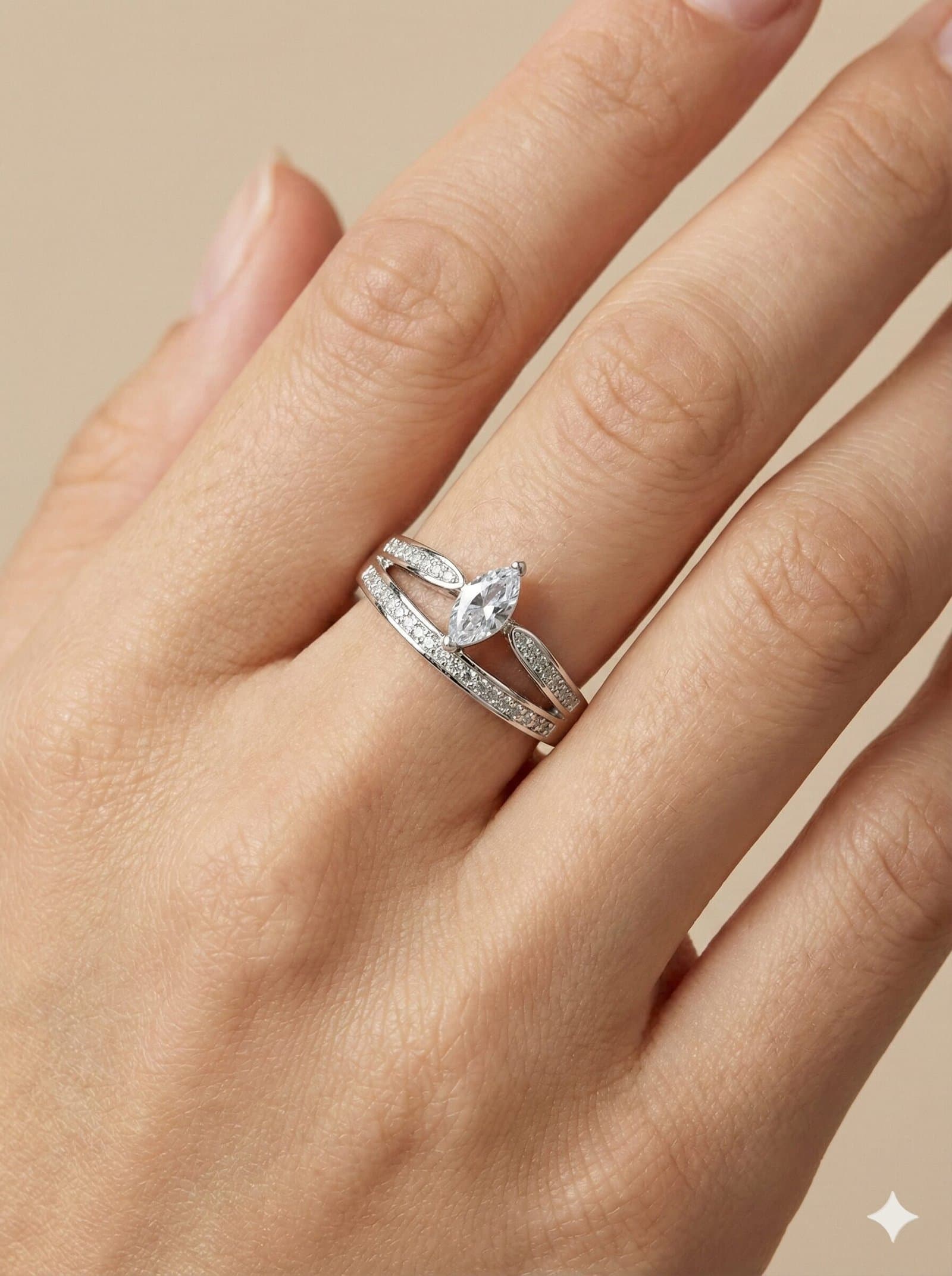 Silver-Tone Marquise Cut Split Shank Ring with Pavé Accents — image 4