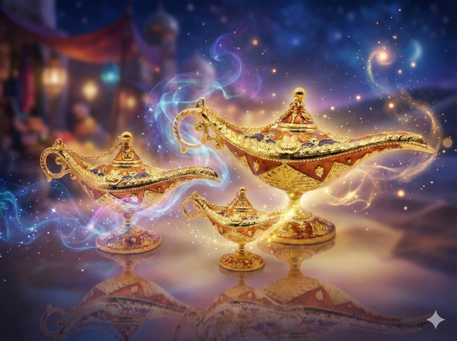 Royal Arabian Nights 3-Piece Genie Lamp Set – Vintage Gold & Enamel Souvenir Collection — image 1