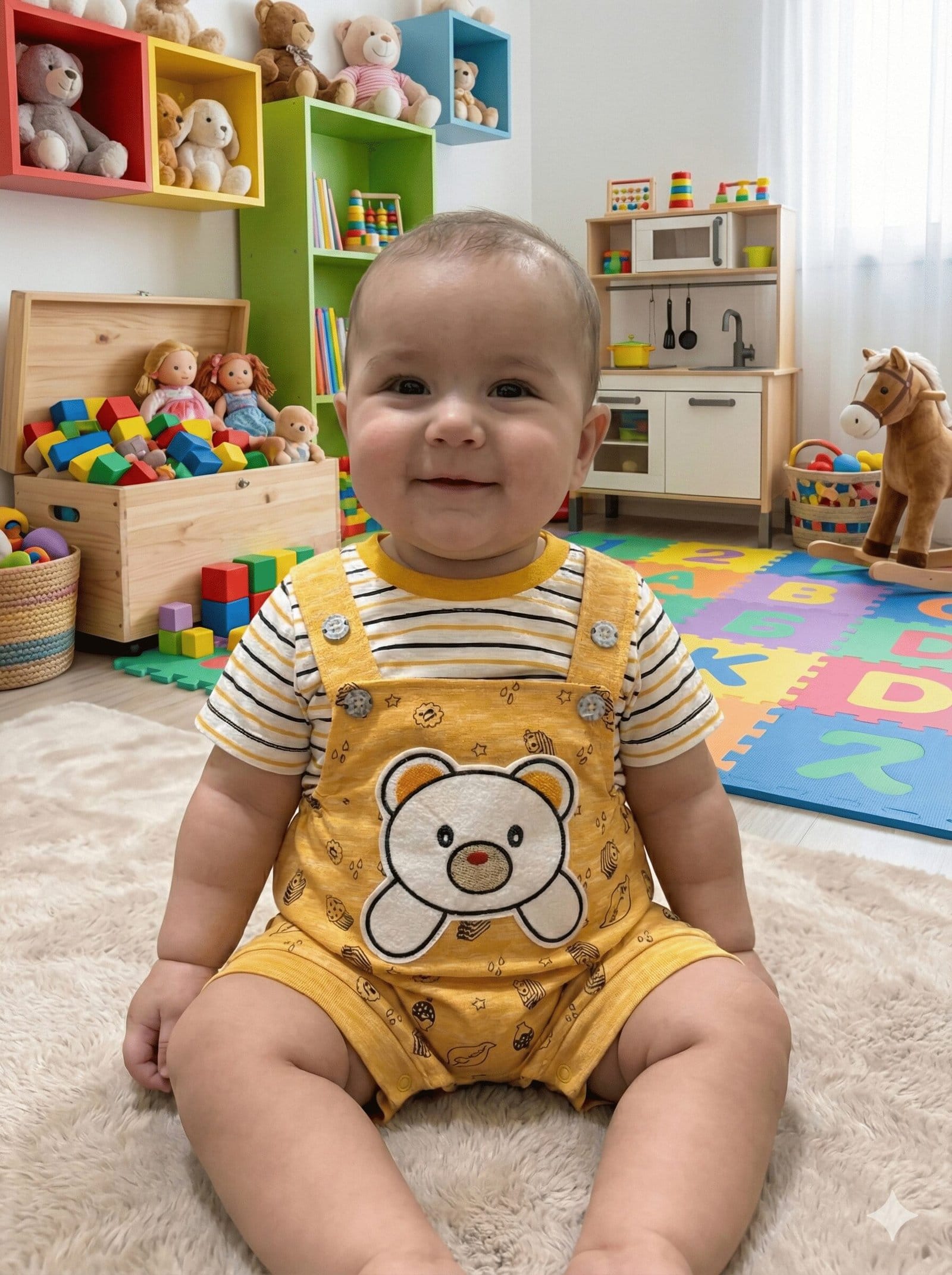 SPICE KIDS BABY Yellow Bear Shortalls & Striped Tee Set
