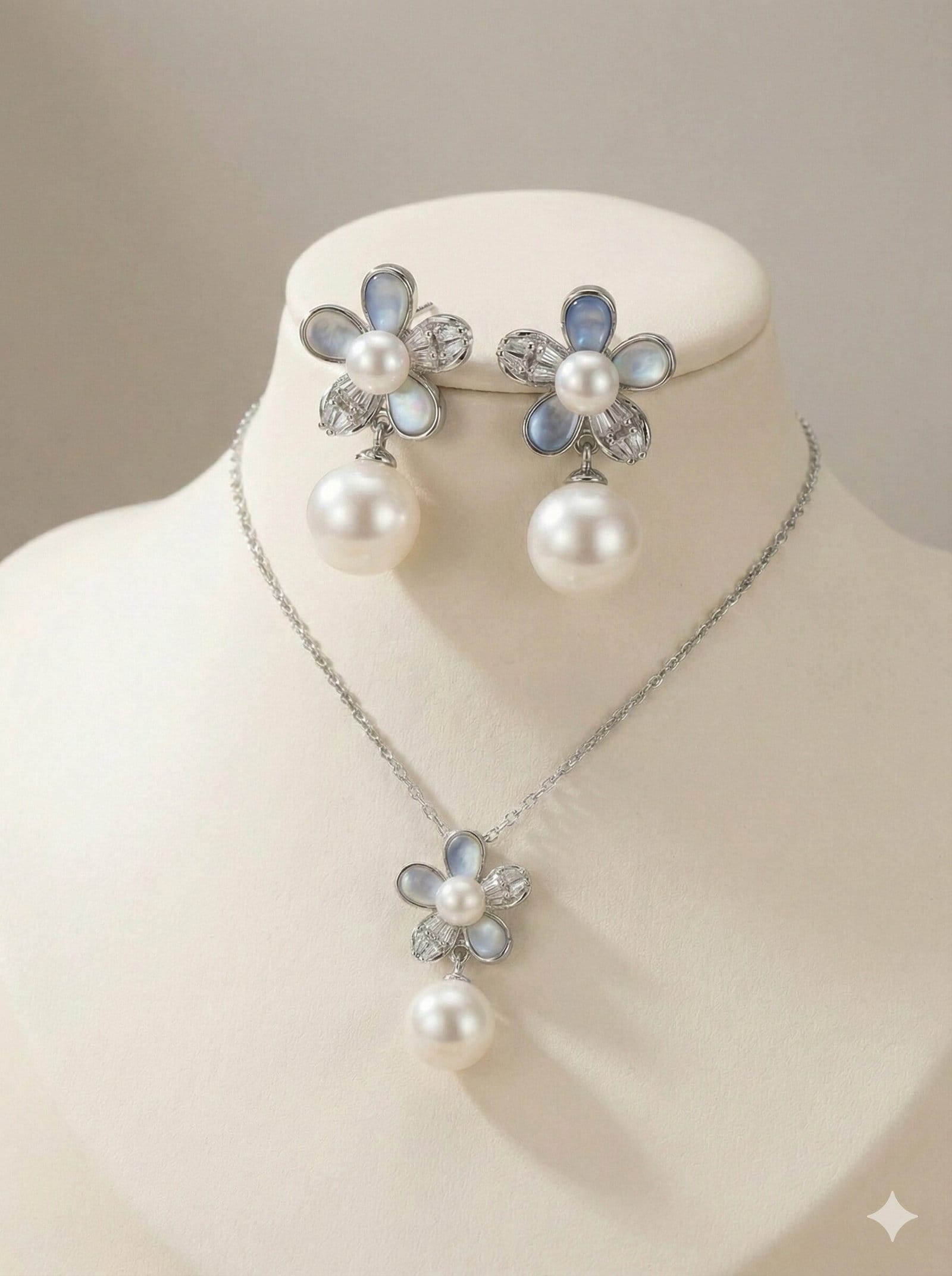 The "Azure Whisper" Floral Pearl Drop Jewelry Set