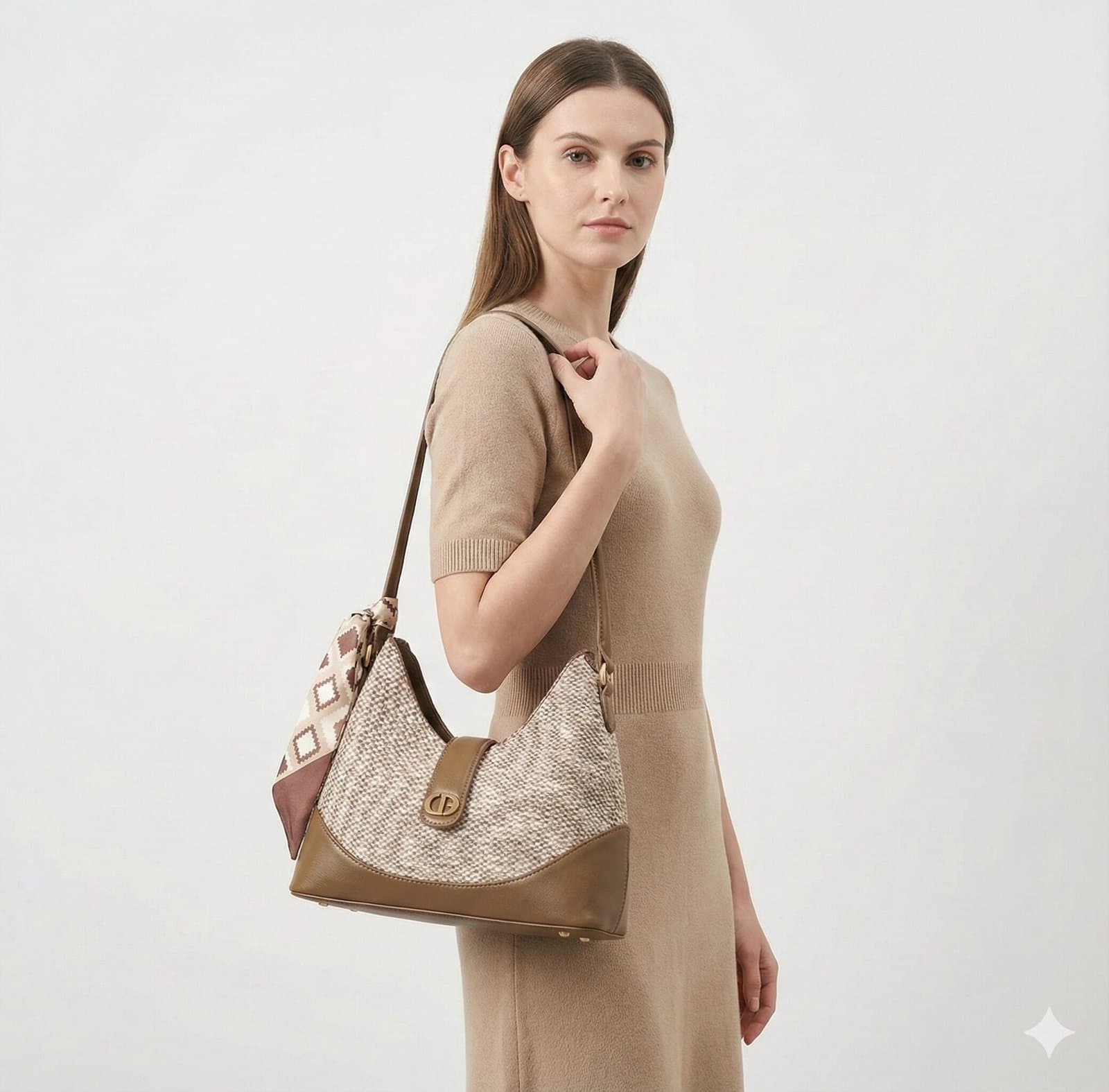 The Scarf-Accented Textured Hobo – Beige & Mocha — image 2