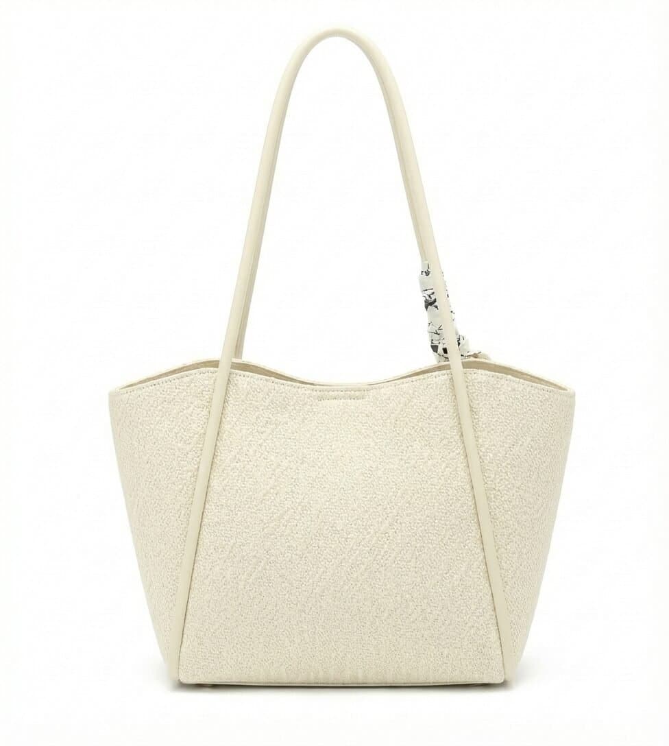 Midnight Woven Texture Tote with Leopard Scarf Accent Cream — image 2
