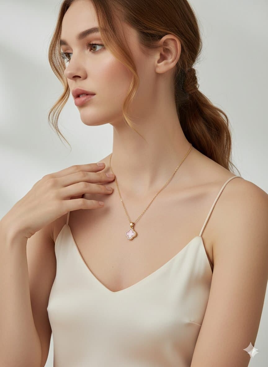 Gold-Tone Pink Clover Pendant Necklace with Crystal Halo Accent and Adjustable Link Chain — image 4