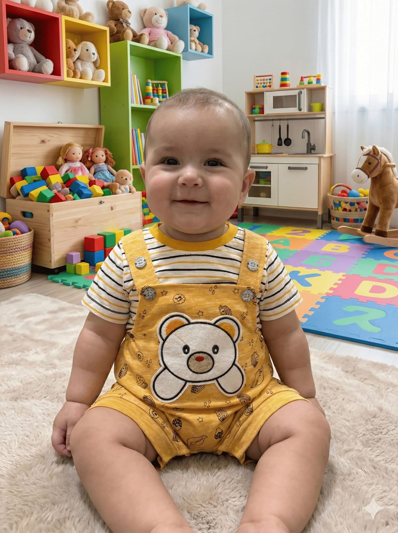 SPICE KIDS BABY Yellow Bear Shortalls & Striped Tee Set — image 1